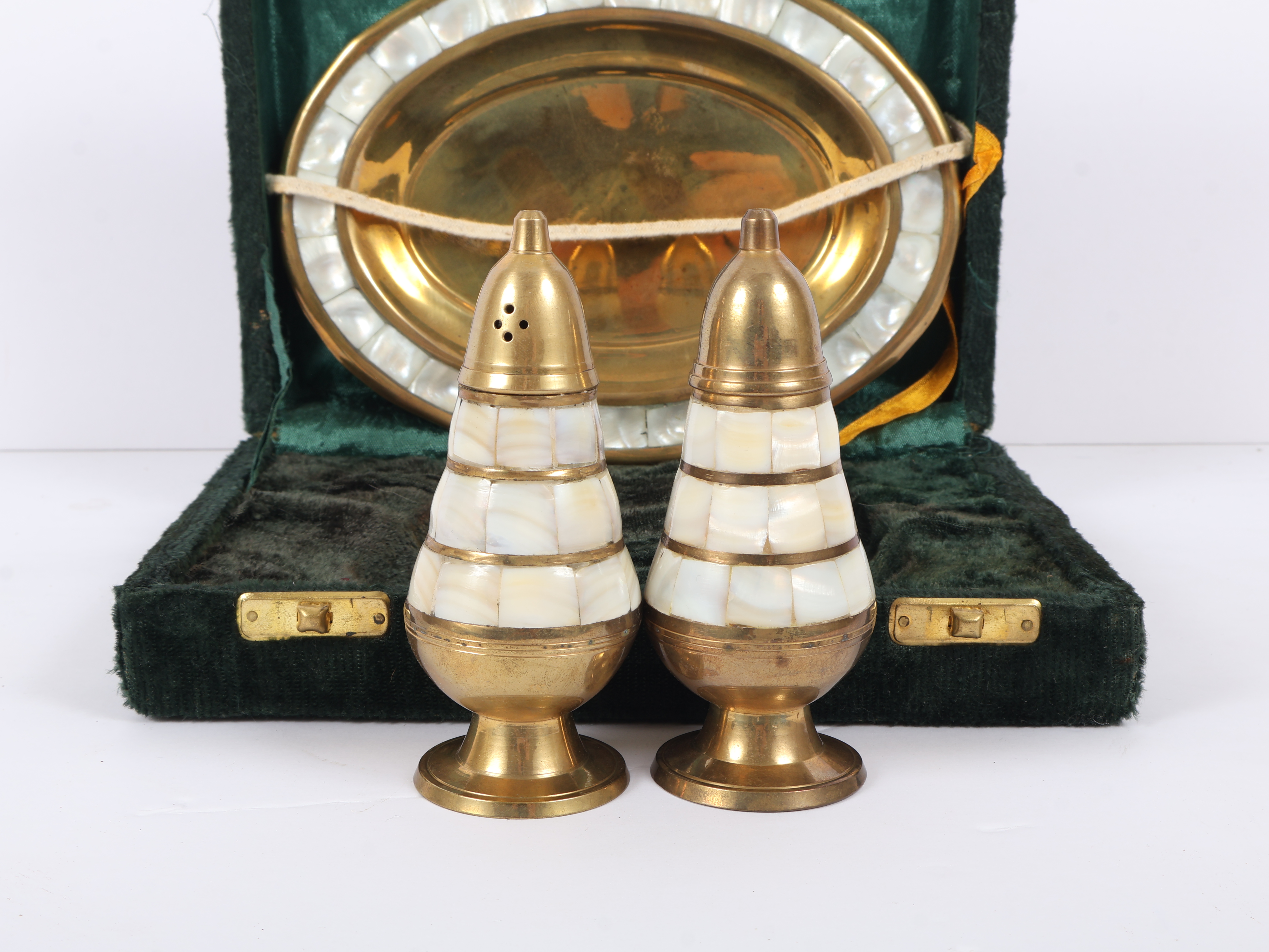 Three Piece Brass and Mother of Pearl Salt and Pepper Shaker Set