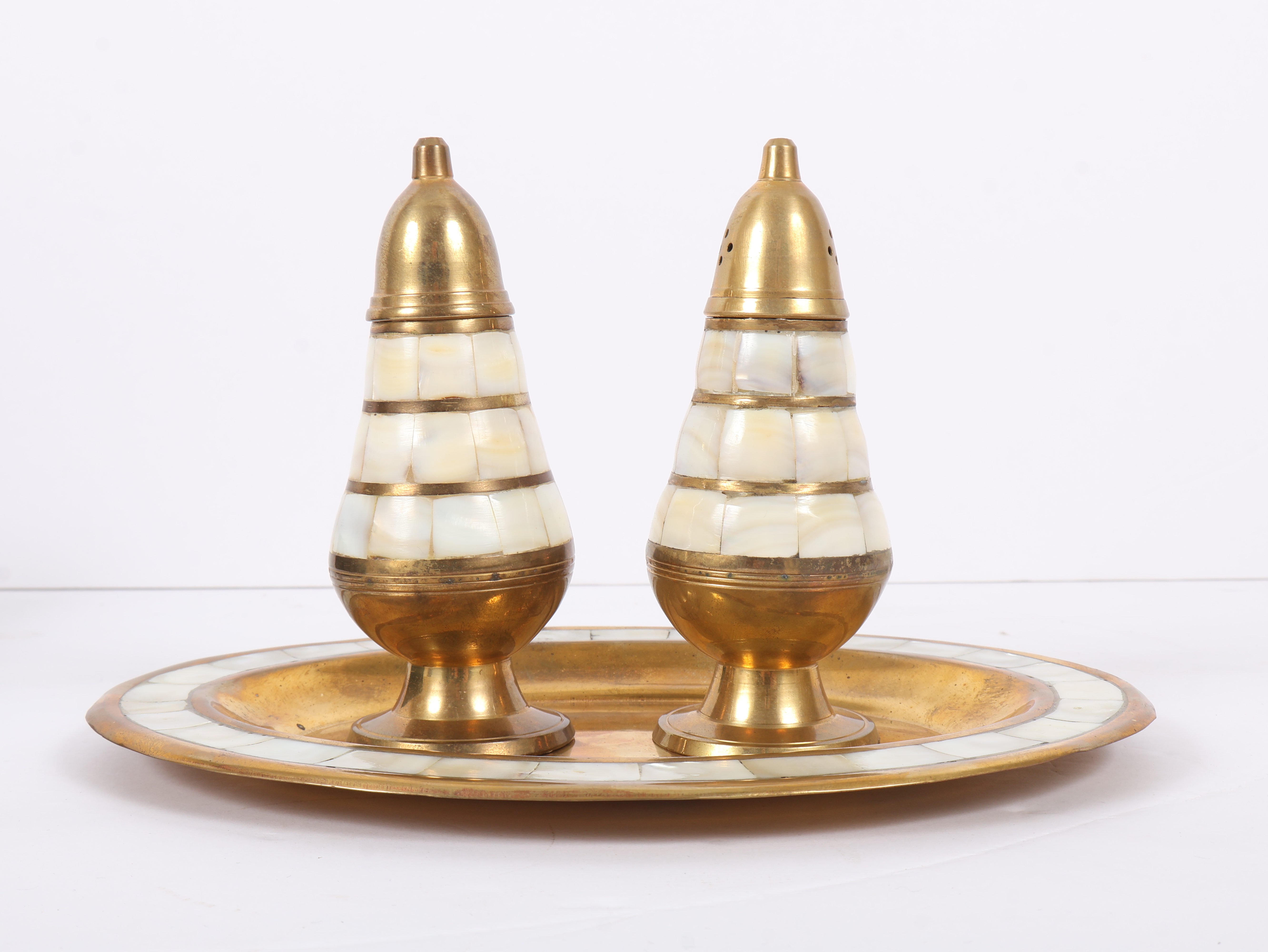 Three Piece Brass and Mother of Pearl Salt and Pepper Shaker Set