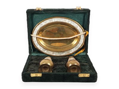 Three Piece Brass and Mother of Pearl Salt and Pepper Shaker Set. This three-piece set consists 