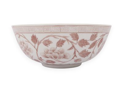 Chinese Underglaze Copper Red Porcelain Peony Scroll Bowl With Qianlong Mark. This porcelain 