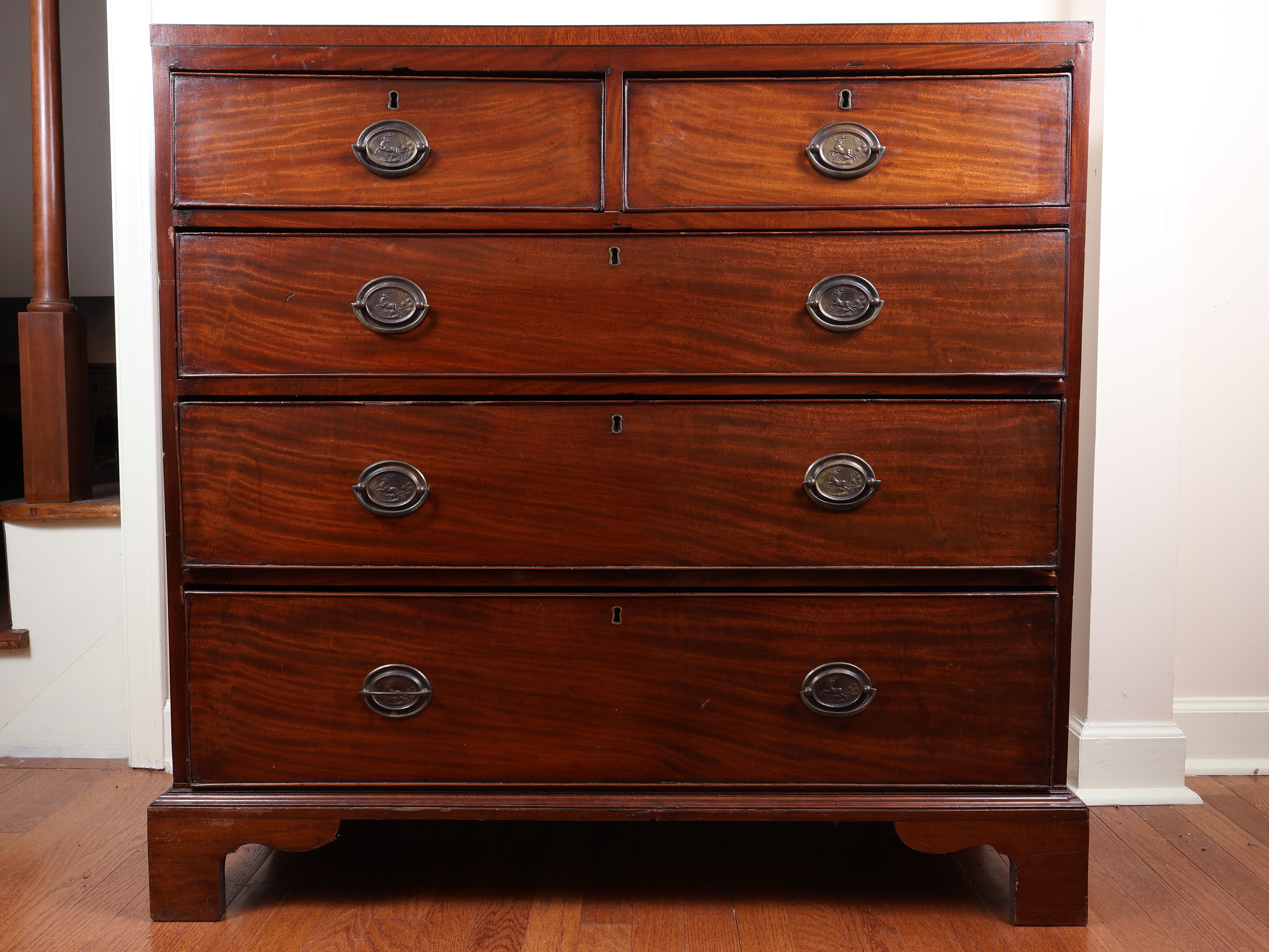 George III Hepplewhite Style Mahogany Two Over Three Chest of Drawers with Leaping Stag Brasses