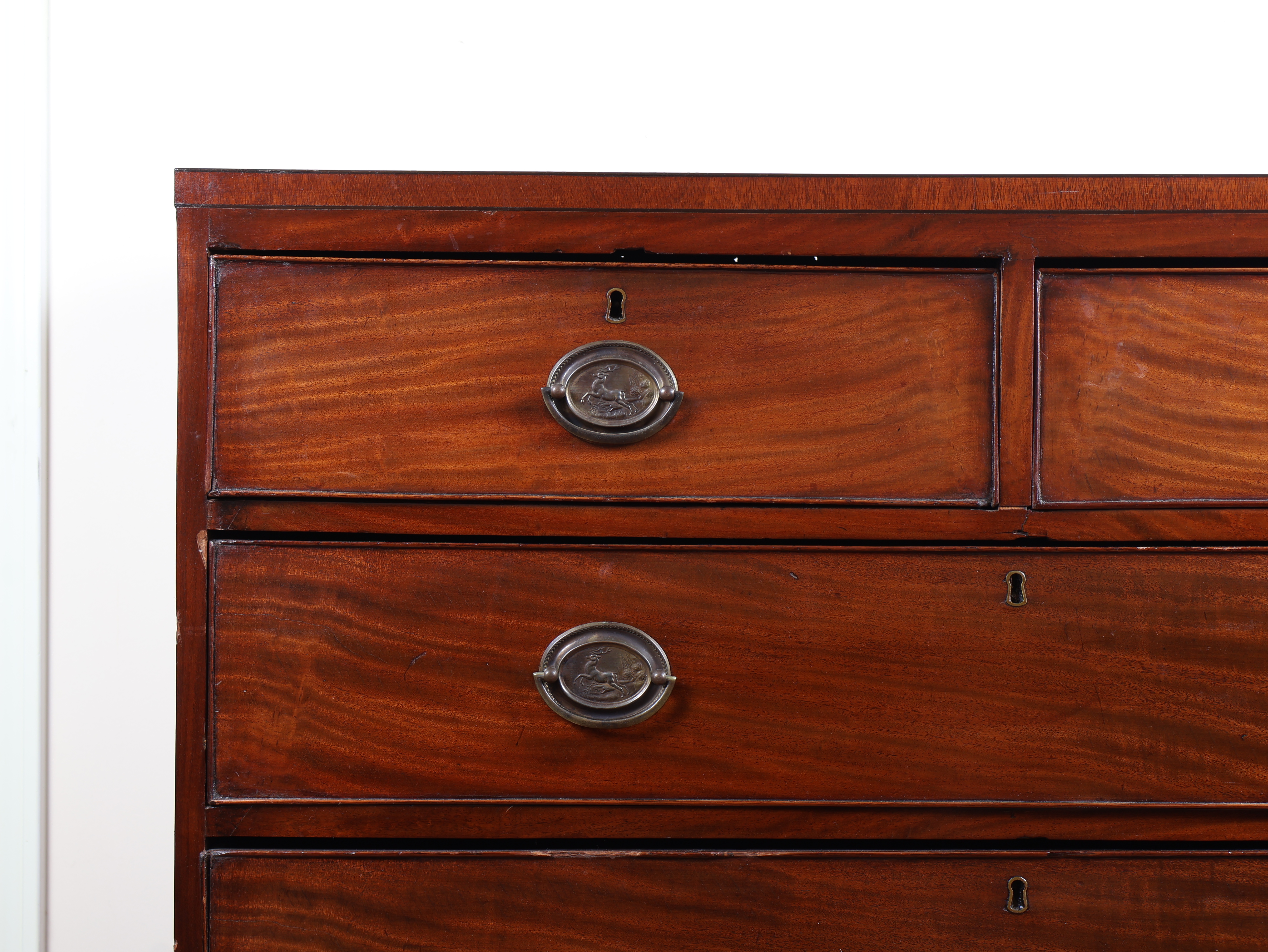 George III Hepplewhite Style Mahogany Two Over Three Chest of Drawers with Leaping Stag Brasses