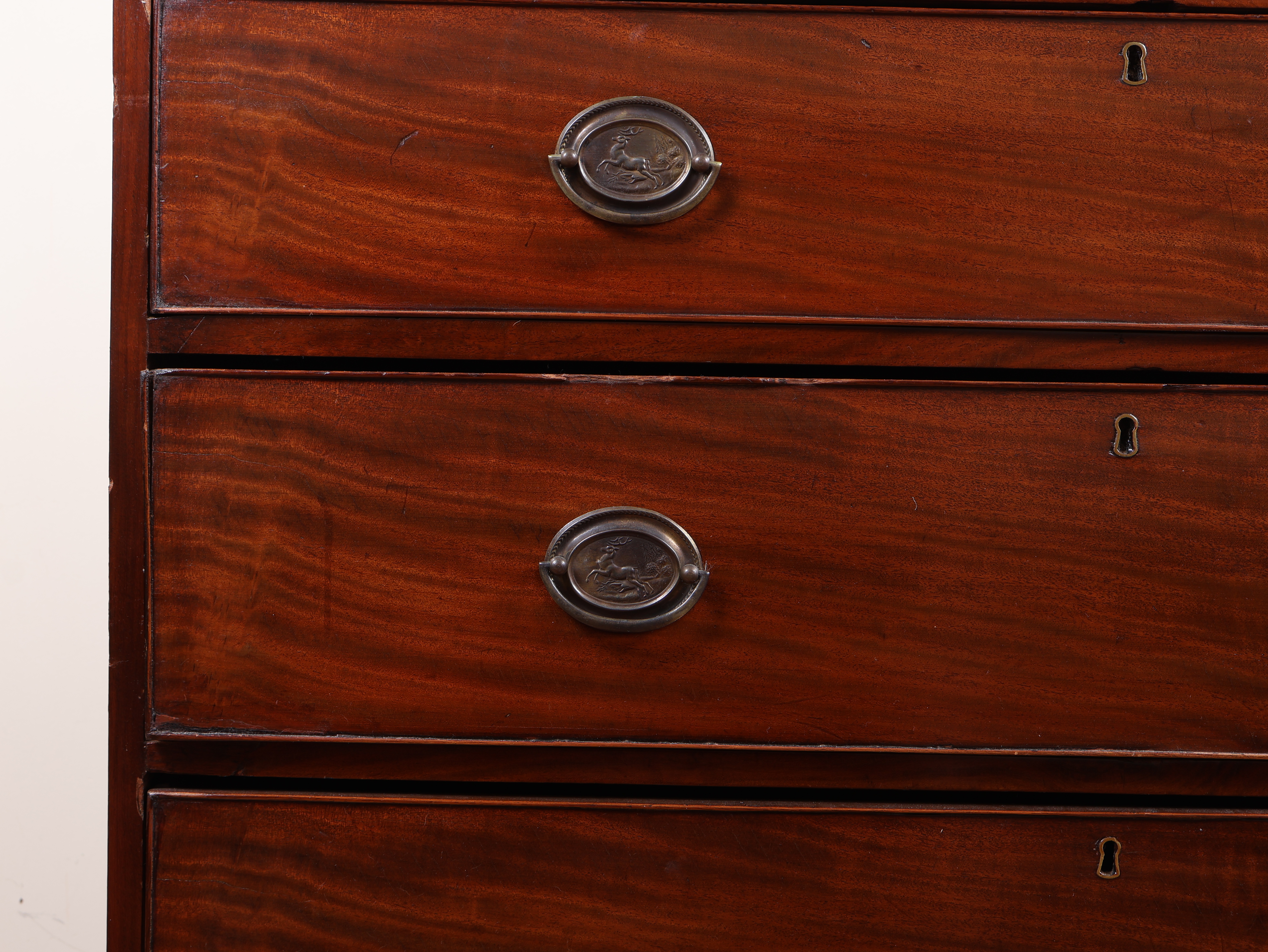George III Hepplewhite Style Mahogany Two Over Three Chest of Drawers with Leaping Stag Brasses