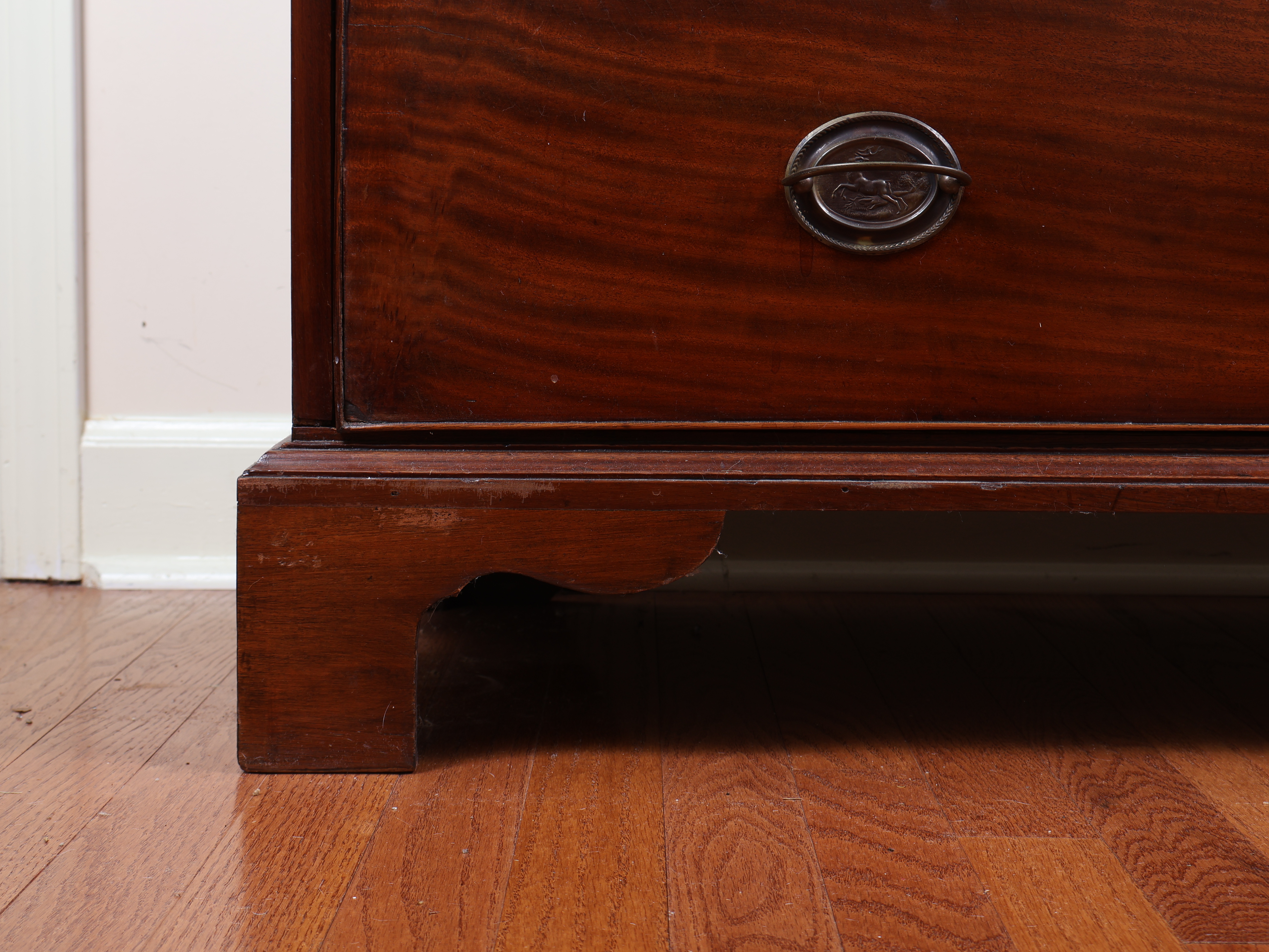 George III Hepplewhite Style Mahogany Two Over Three Chest of Drawers with Leaping Stag Brasses