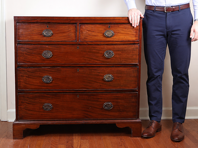 George III Hepplewhite Style Mahogany Two Over Three Chest of Drawers with Leaping Stag Brasses. 