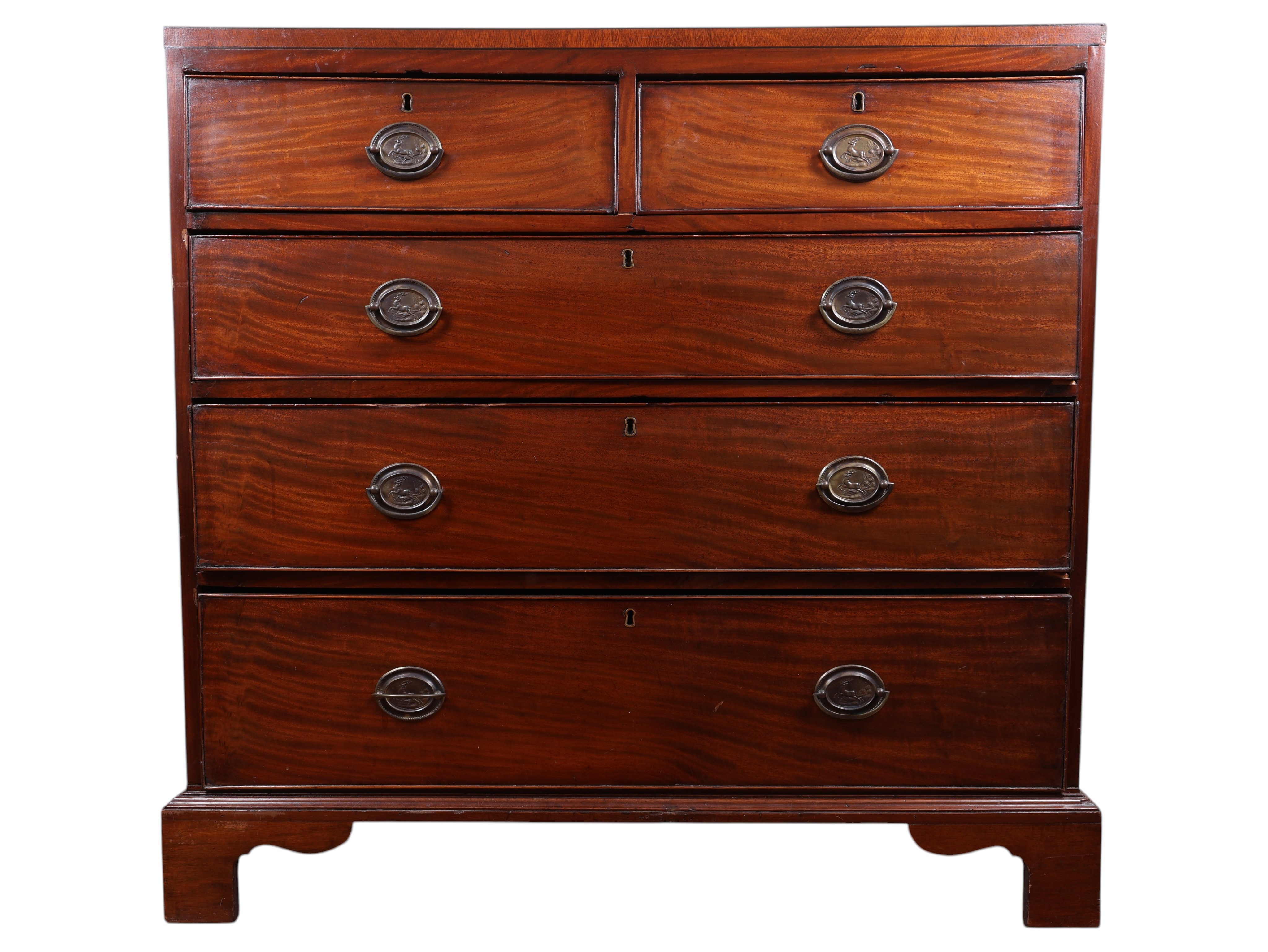 George III Hepplewhite Style Mahogany Two Over Three Chest of Drawers with Leaping Stag Brasses