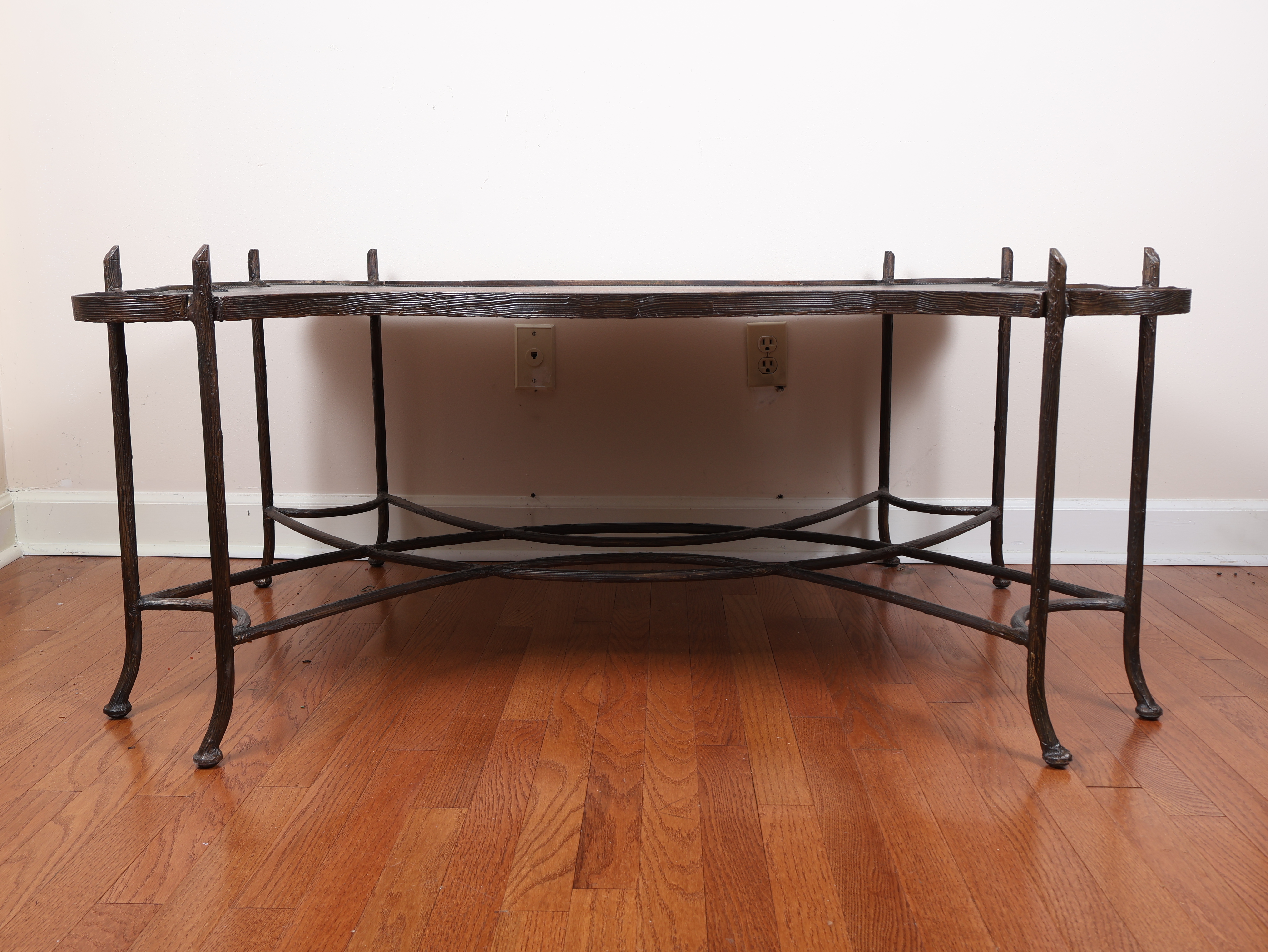 Maitland Smith Faux Bois Gilded Iron Coffee Table with Tooled Leather Top