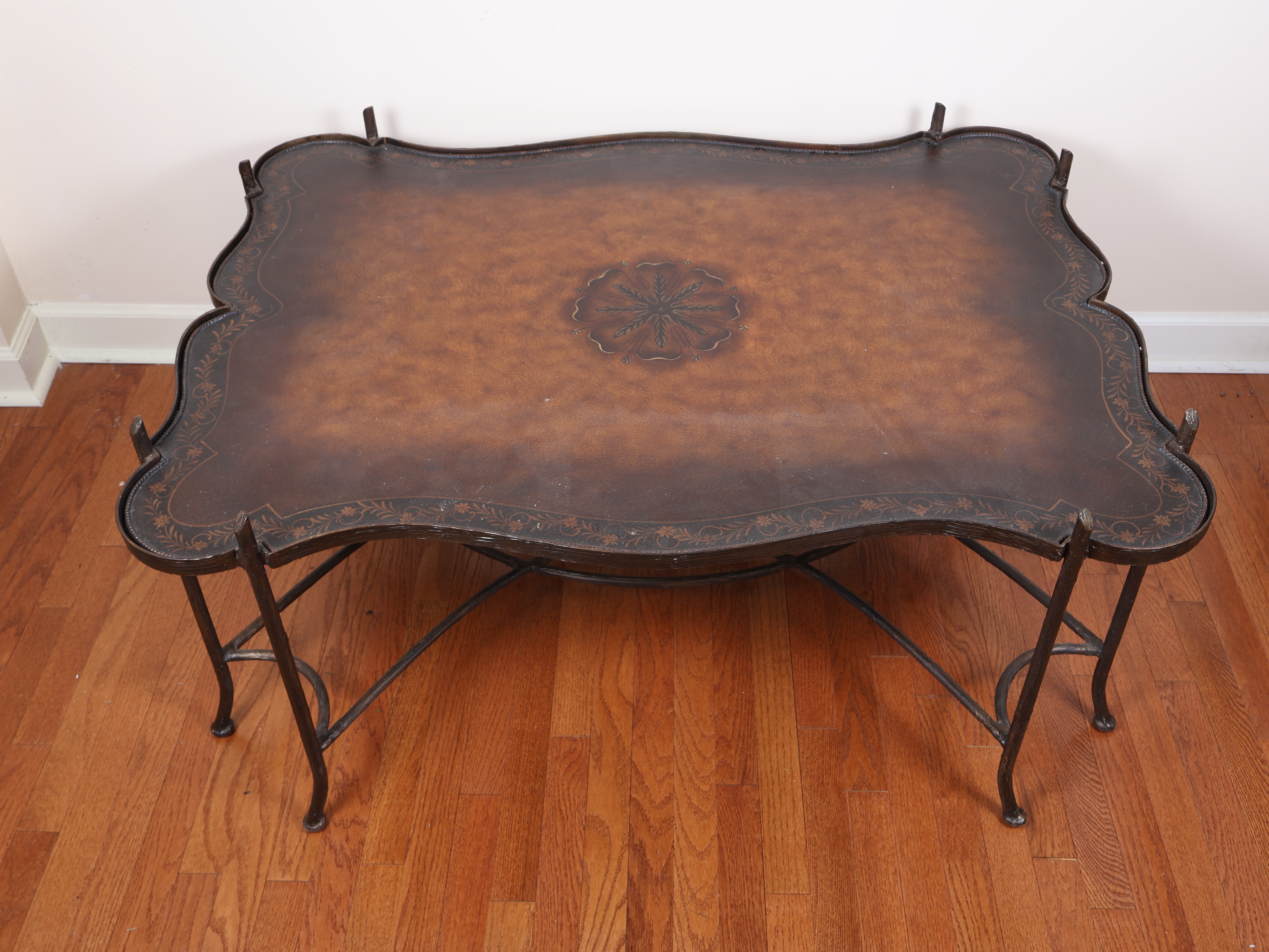 Maitland Smith Faux Bois Gilded Iron Coffee Table with Tooled Leather Top
