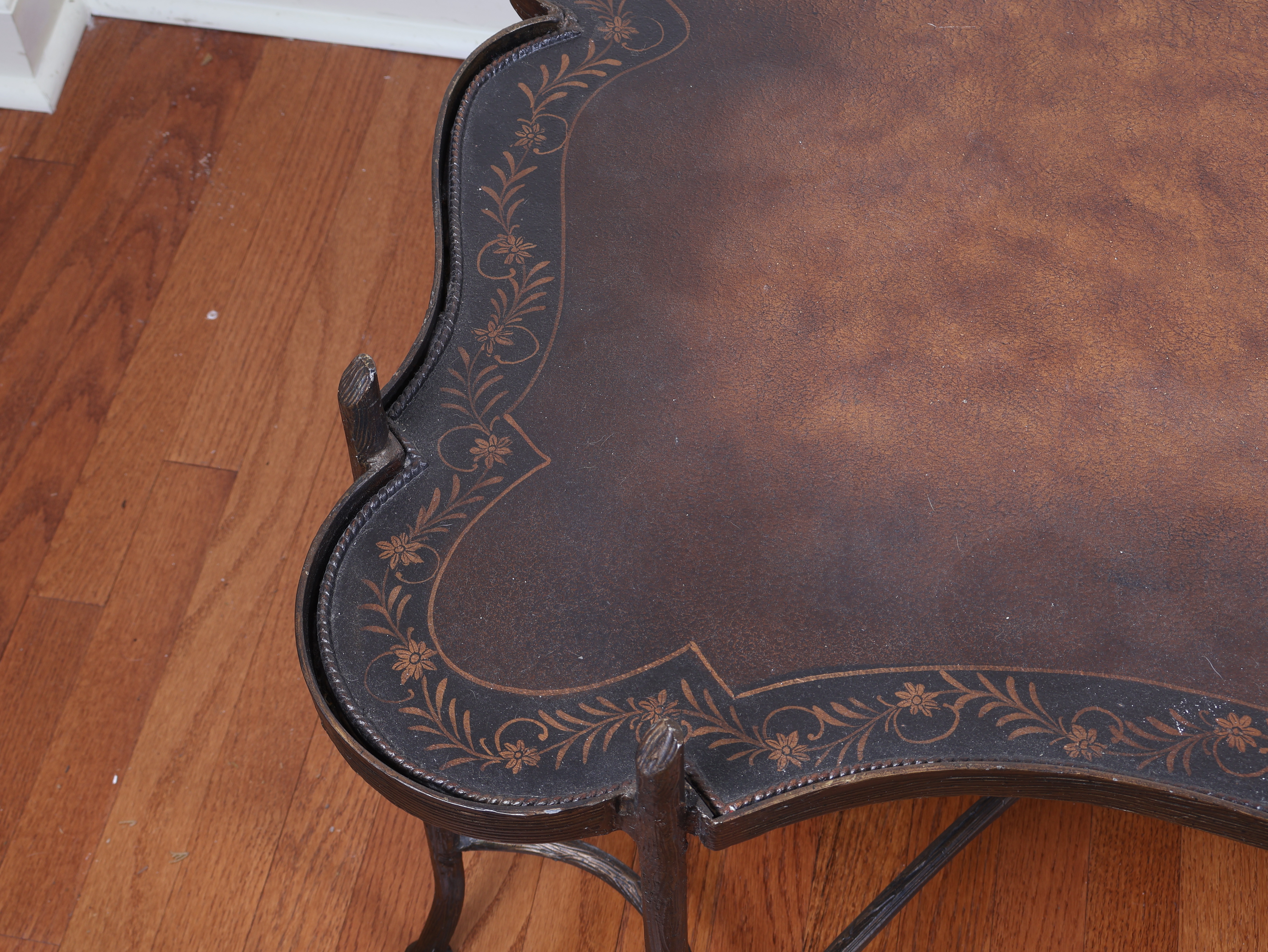 Maitland Smith Faux Bois Gilded Iron Coffee Table with Tooled Leather Top