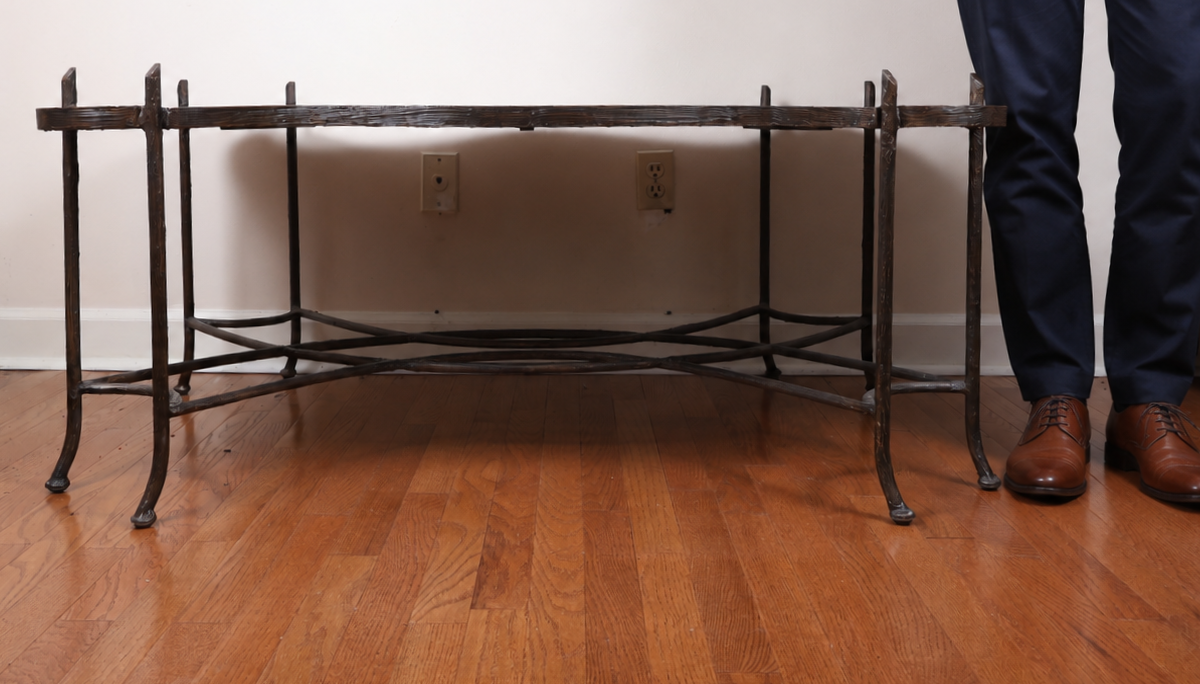Maitland Smith Faux Bois Gilded Iron Coffee Table with Tooled Leather Top