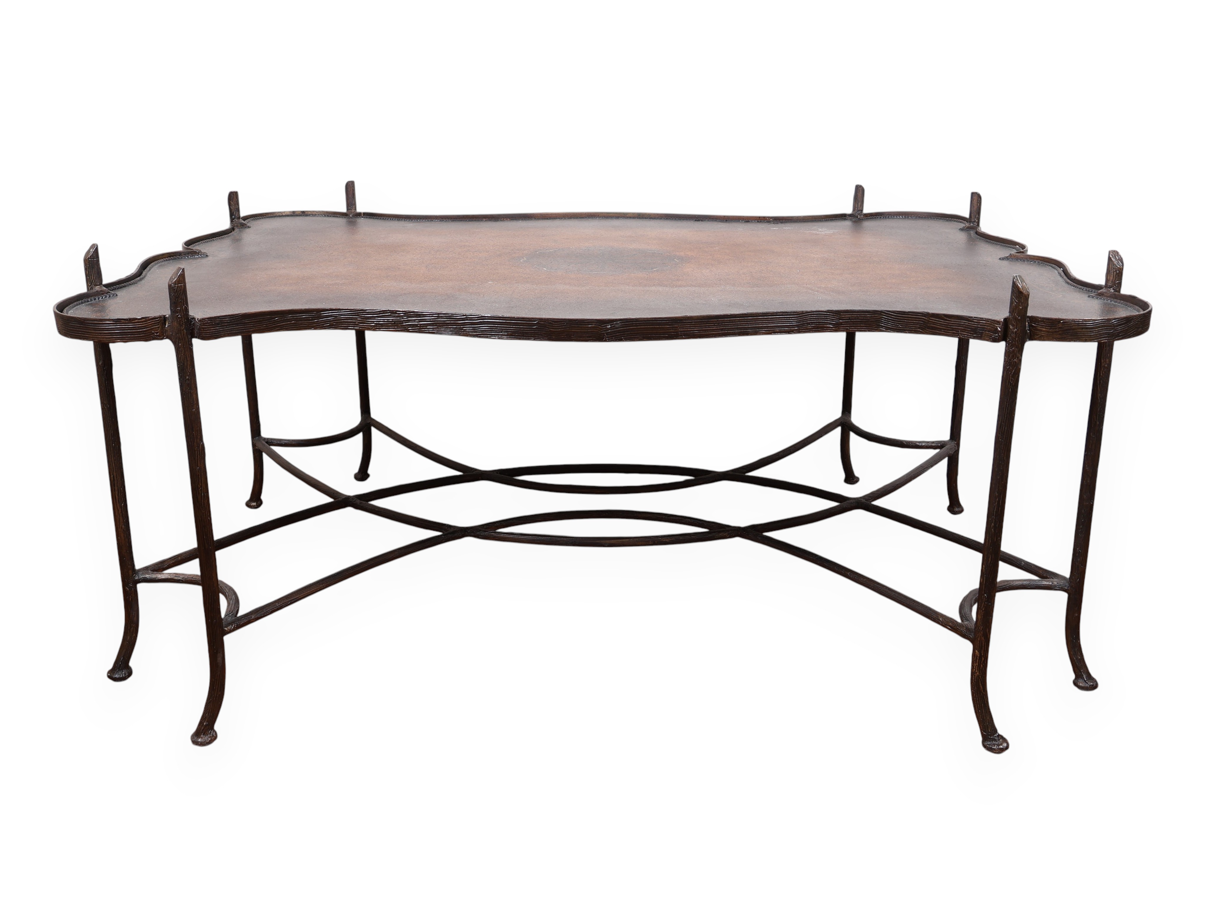 Maitland Smith Faux Bois Gilded Iron Coffee Table with Tooled Leather Top