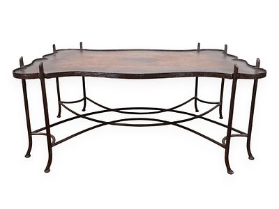 Maitland Smith Faux Bois Gilded Iron Coffee Table with Tooled Leather Top. A large Maitland 
