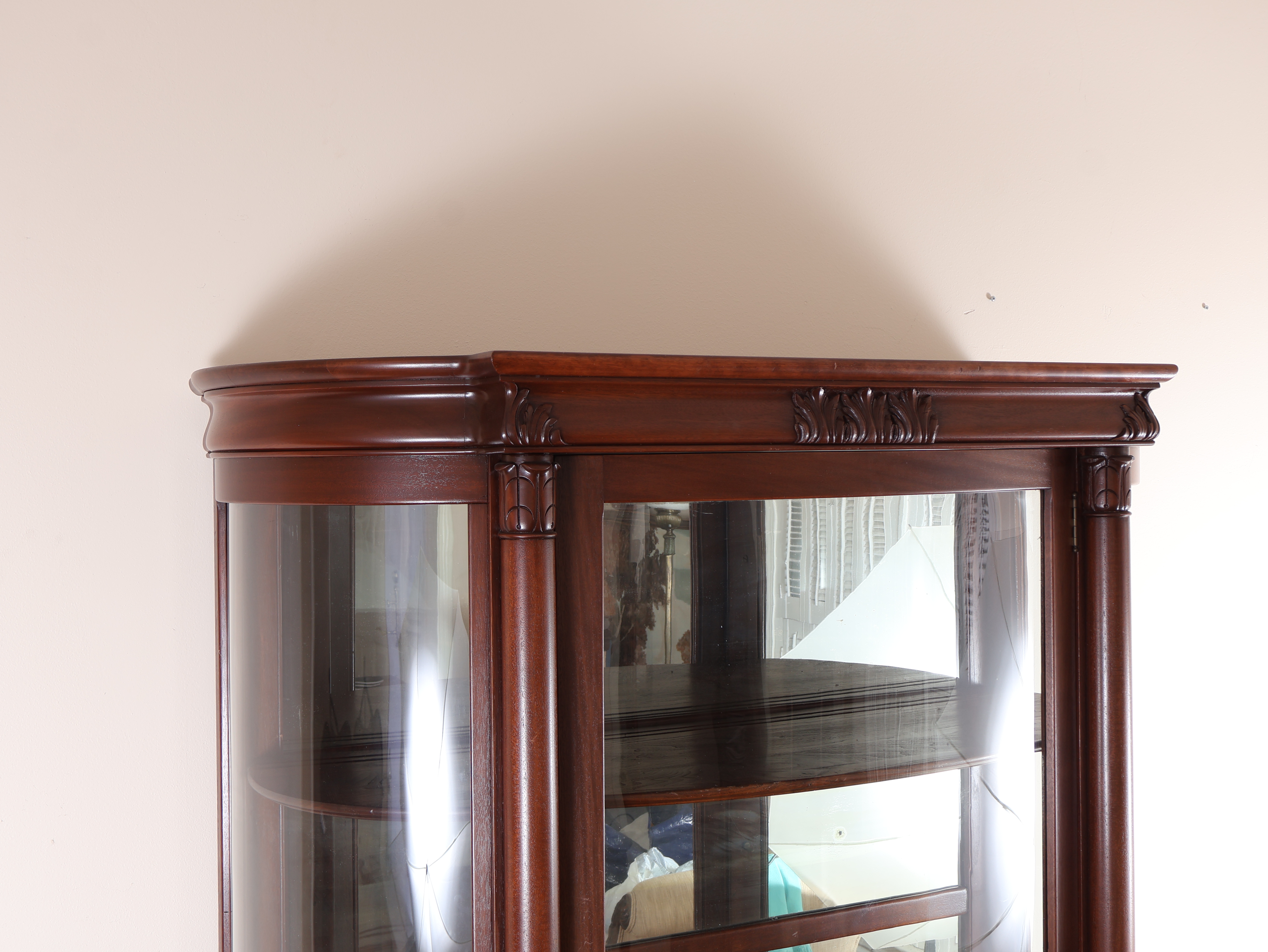 American Empire Style Mahogany Curved Glass China Cabinet