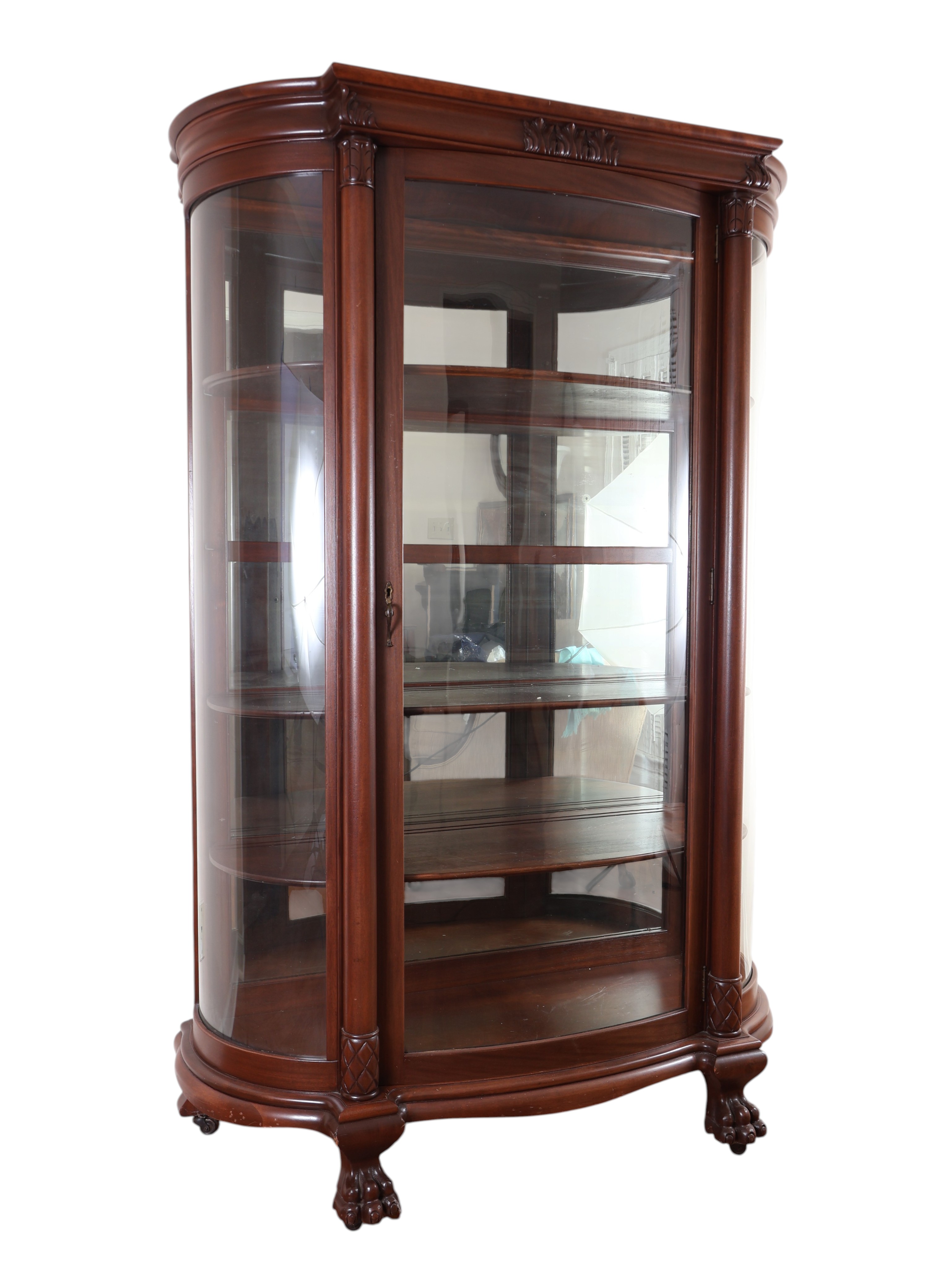American Empire Style Mahogany Curved Glass China Cabinet