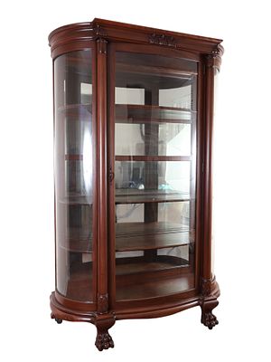 American Empire Style Mahogany Curved Glass China Cabinet. This is a single-piece mahogany china 