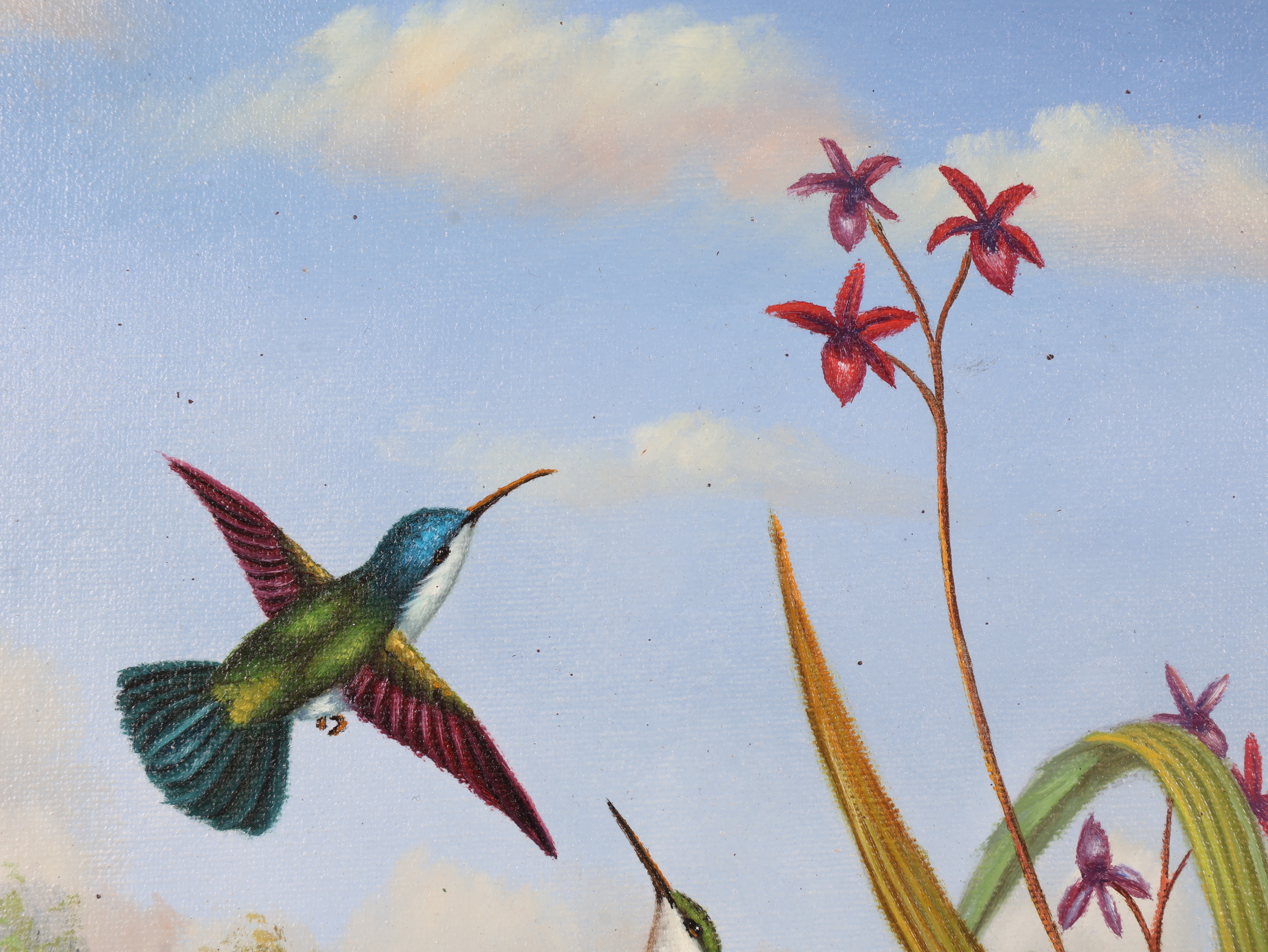 Tropical Landscape with Hummingbirds and Orchids Oil on Canvas