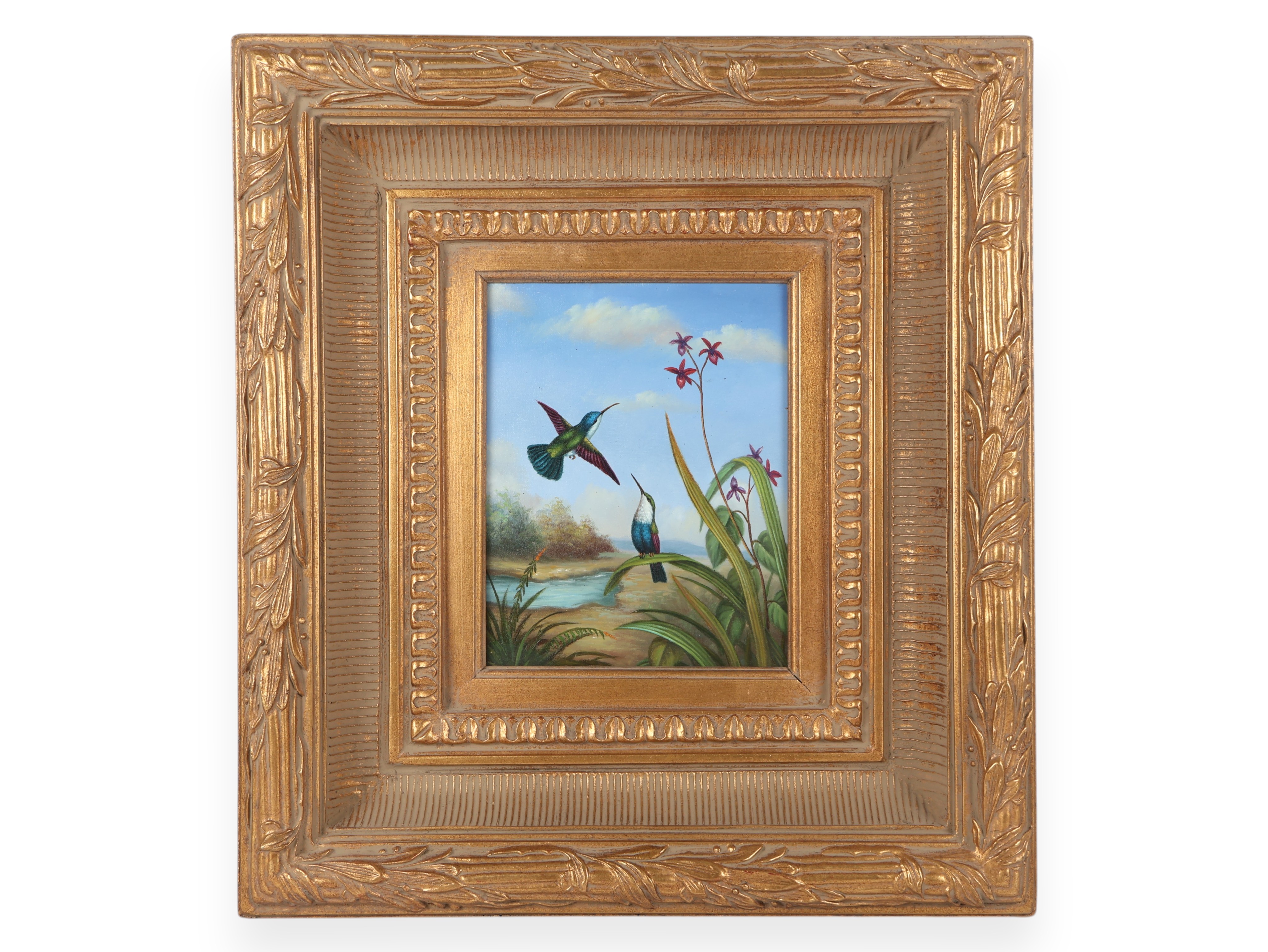 Tropical Landscape with Hummingbirds and Orchids Oil on Canvas