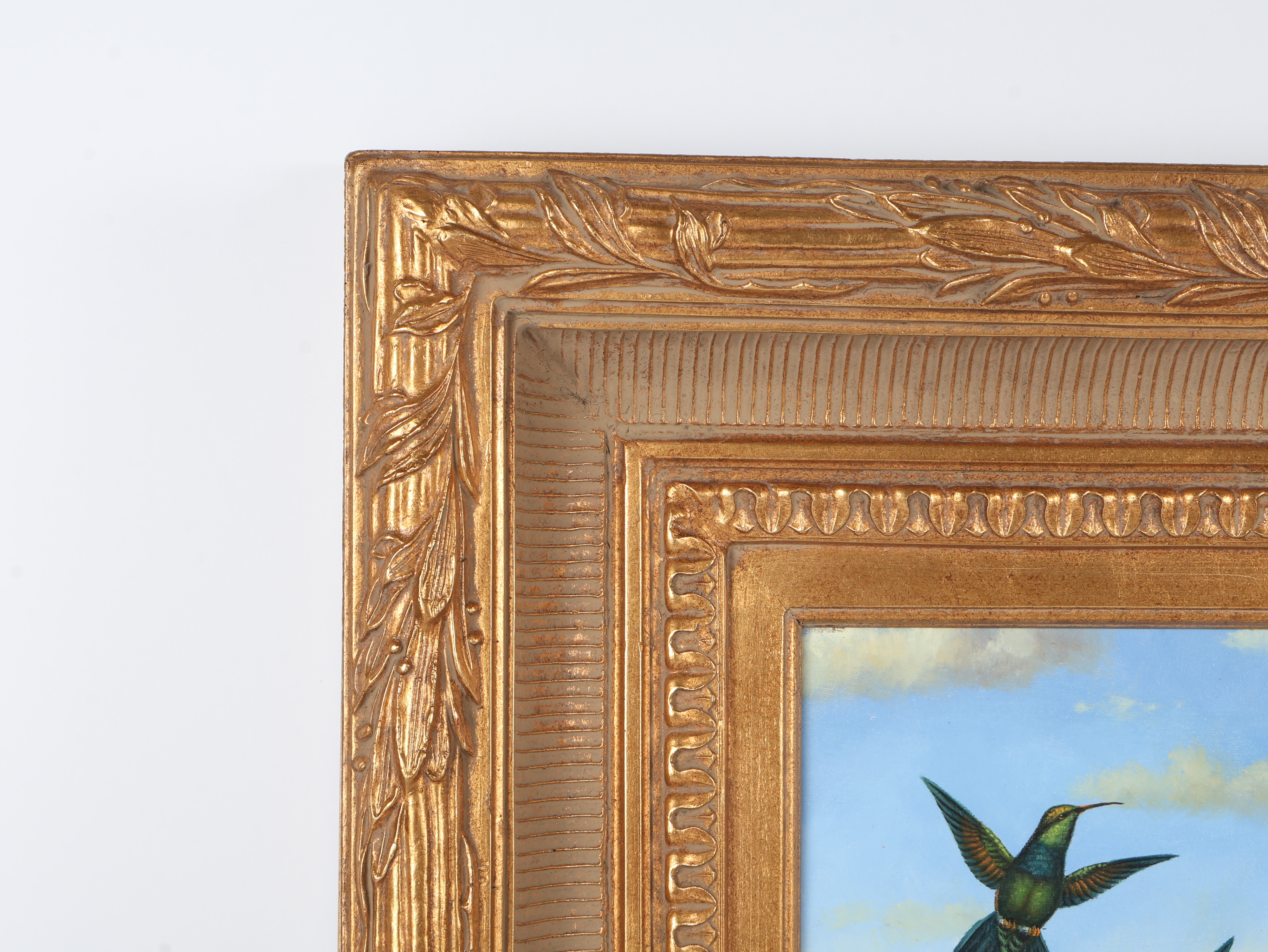 Naturalistic Oil on Canvas Painting of Hummingbirds and Tropical Flora in Ornate Gilded Frame