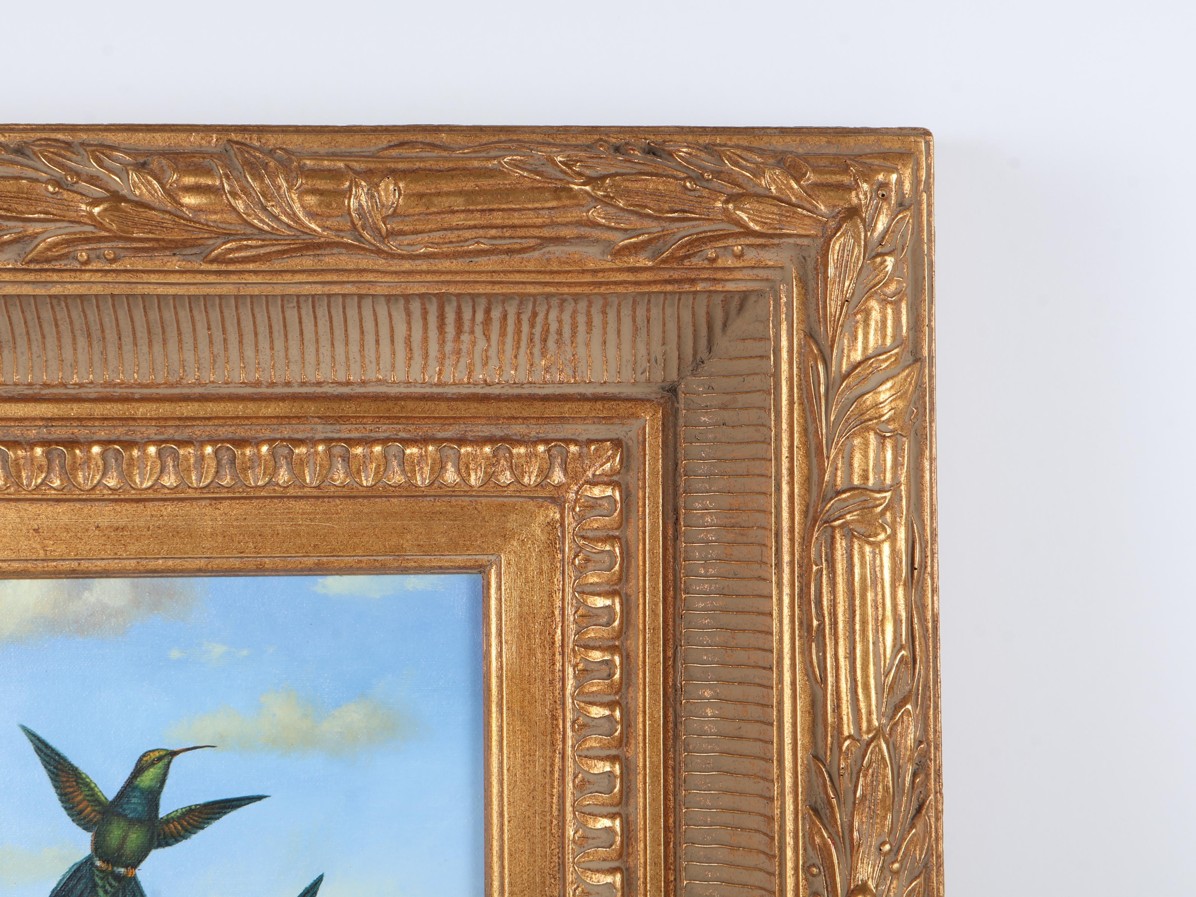 Naturalistic Oil on Canvas Painting of Hummingbirds and Tropical Flora in Ornate Gilded Frame