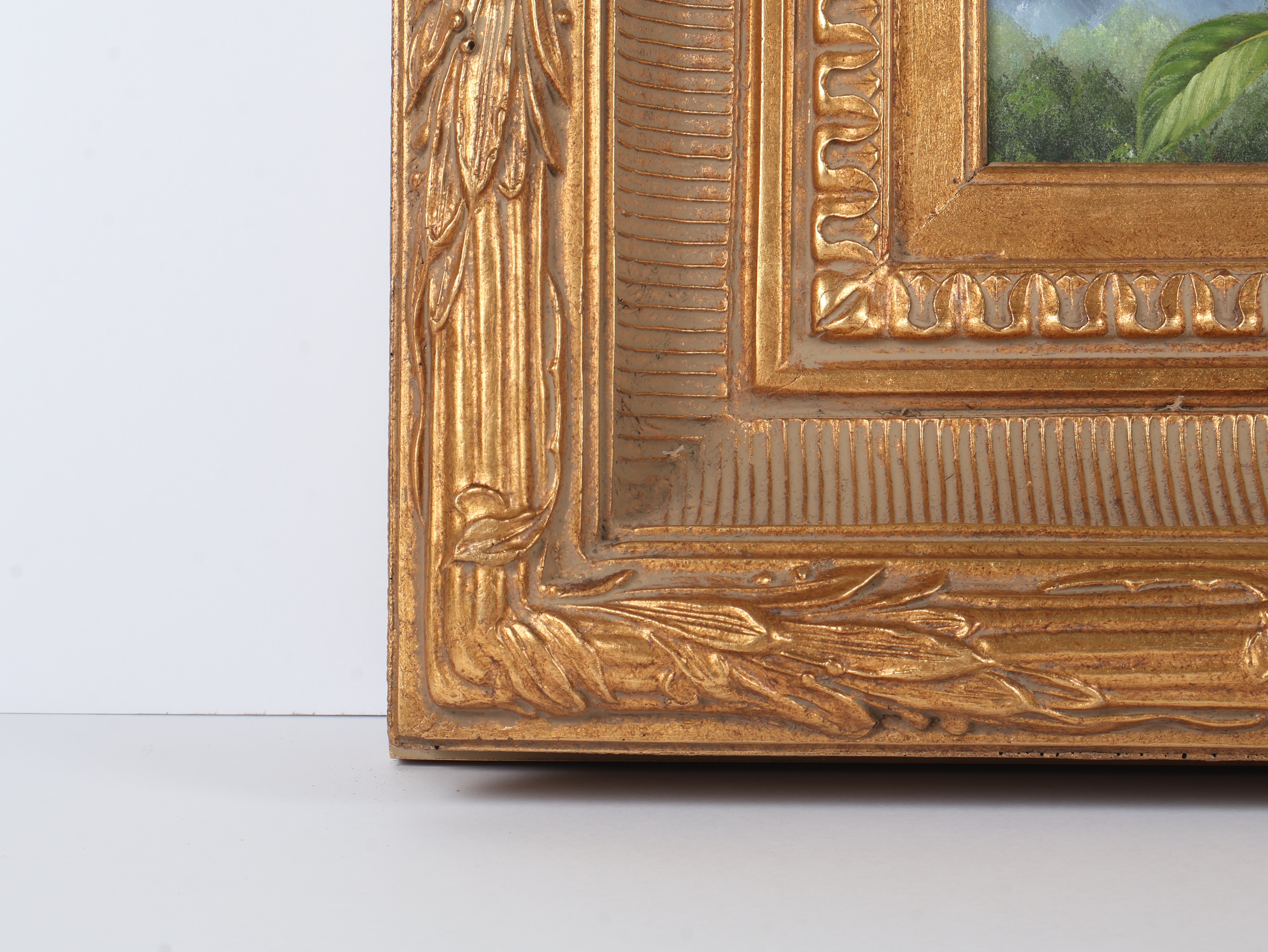 Naturalistic Oil on Canvas Painting of Hummingbirds and Tropical Flora in Ornate Gilded Frame