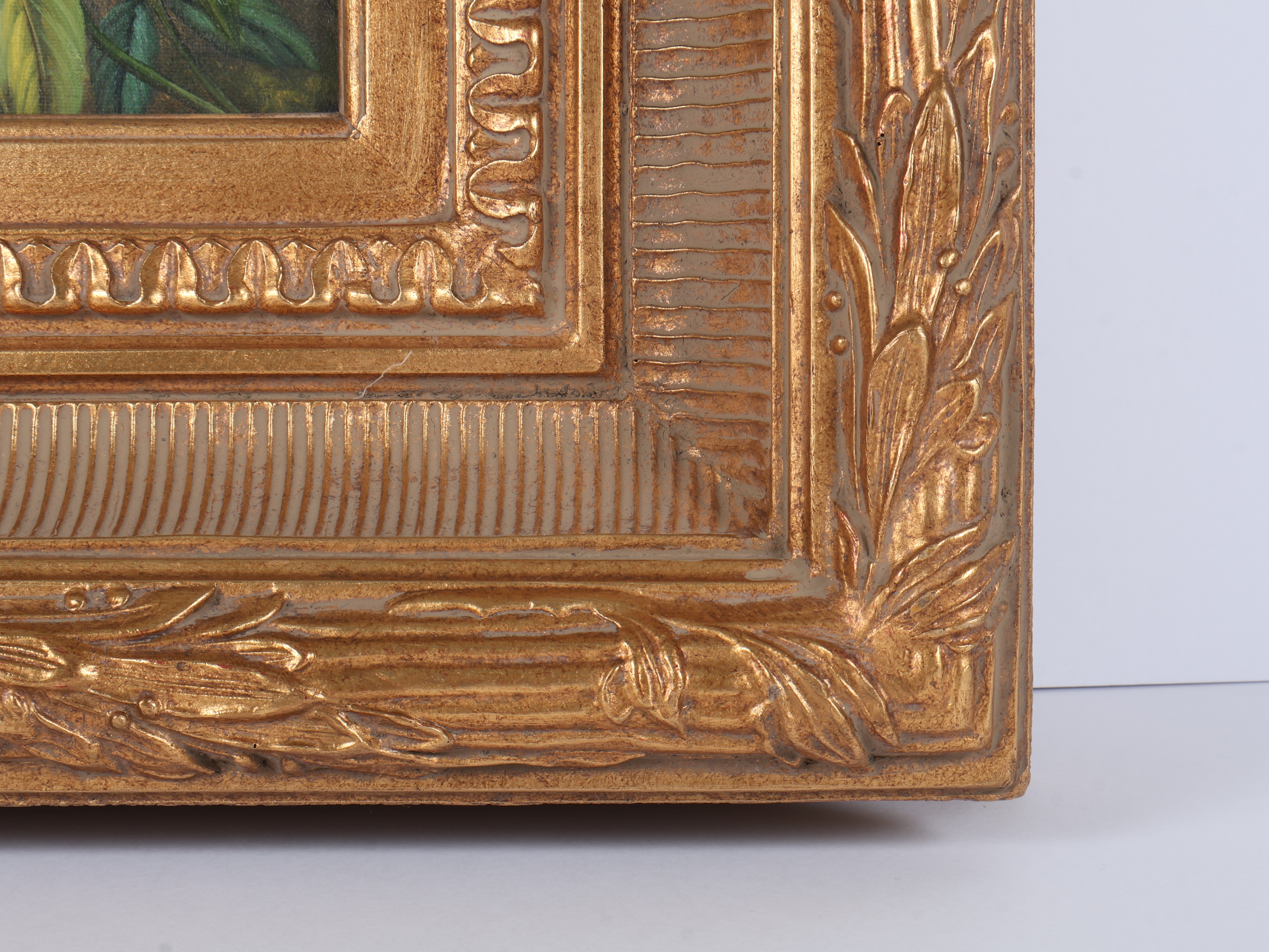 Naturalistic Oil on Canvas Painting of Hummingbirds and Tropical Flora in Ornate Gilded Frame