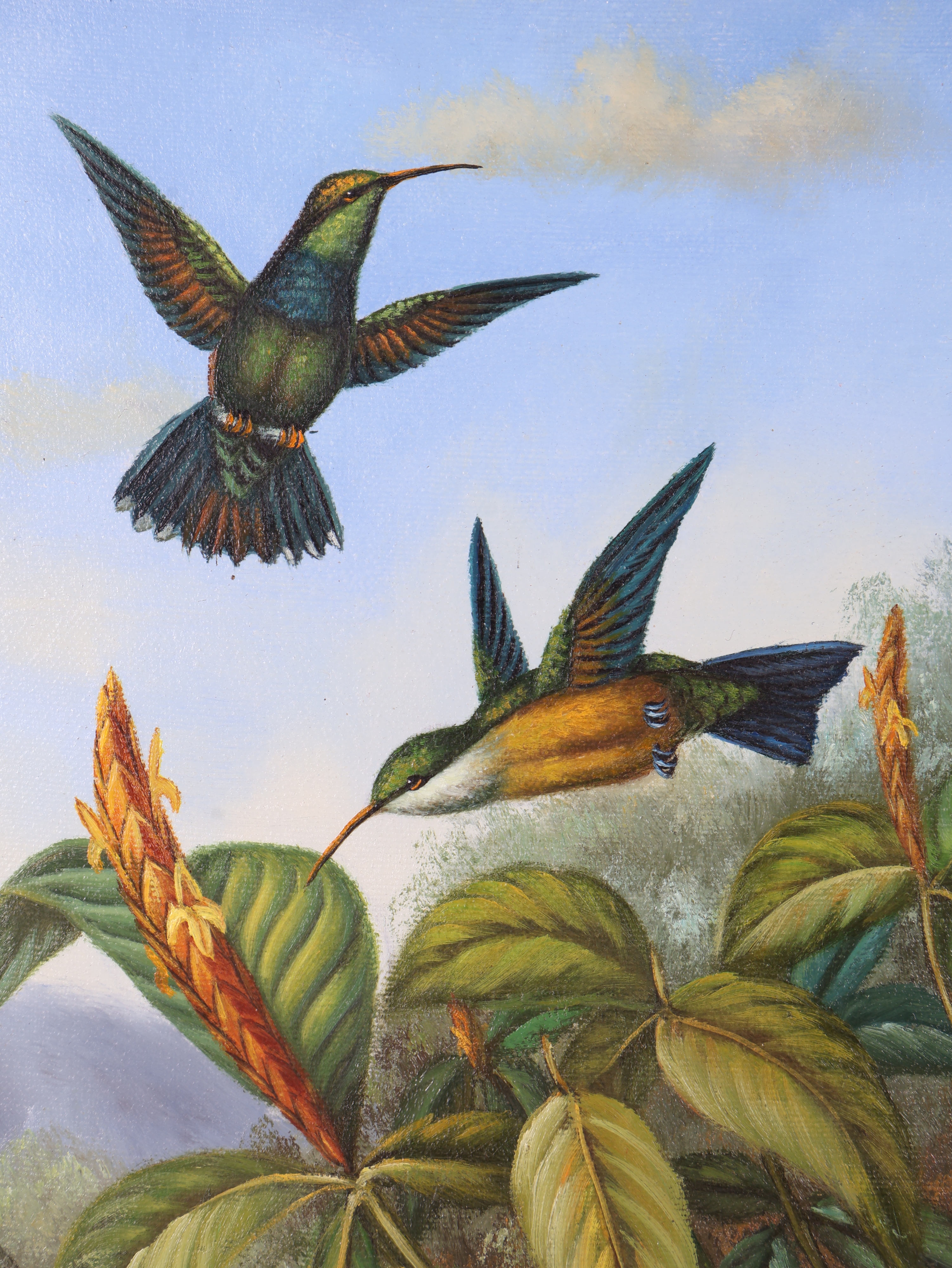 Naturalistic Oil on Canvas Painting of Hummingbirds and Tropical Flora in Ornate Gilded Frame