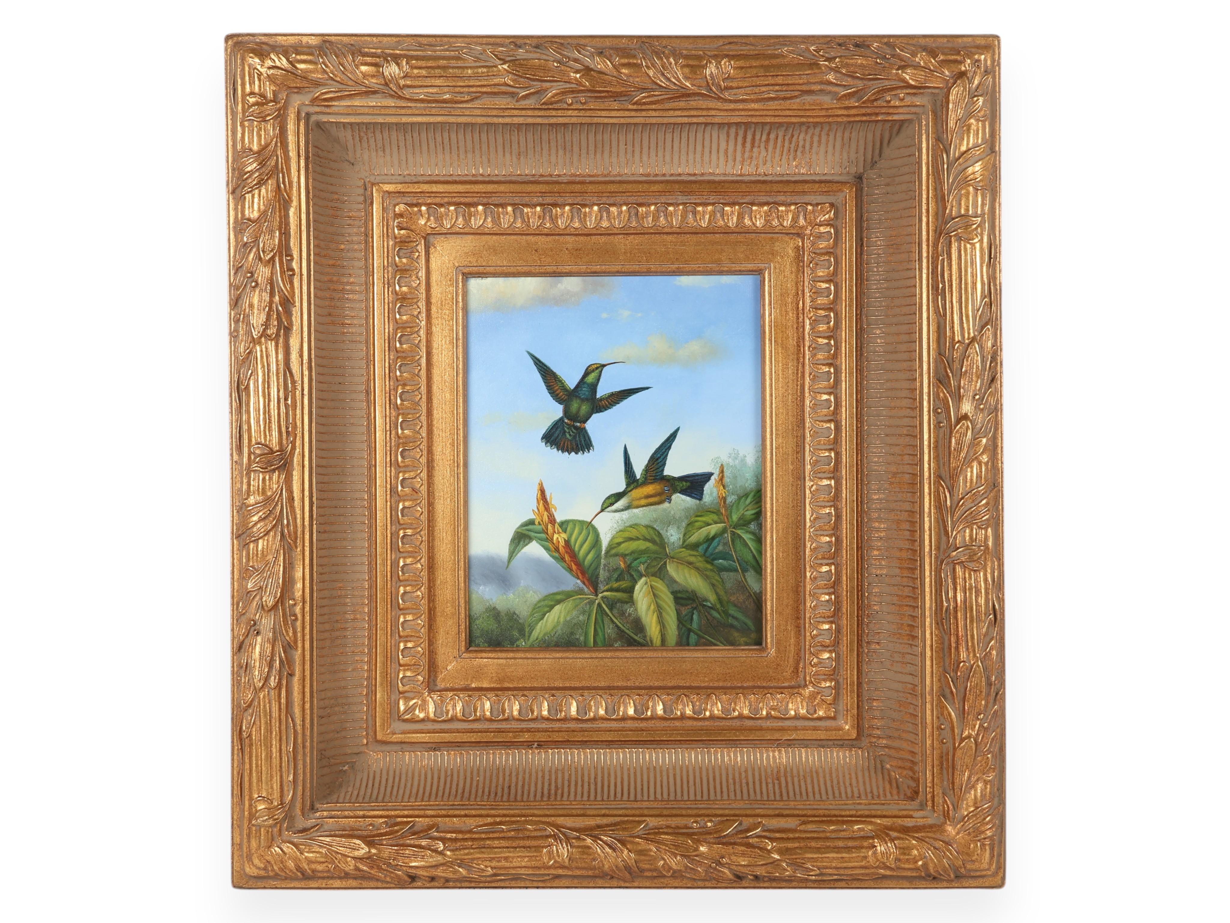 Naturalistic Oil on Canvas Painting of Hummingbirds and Tropical Flora in Ornate Gilded Frame