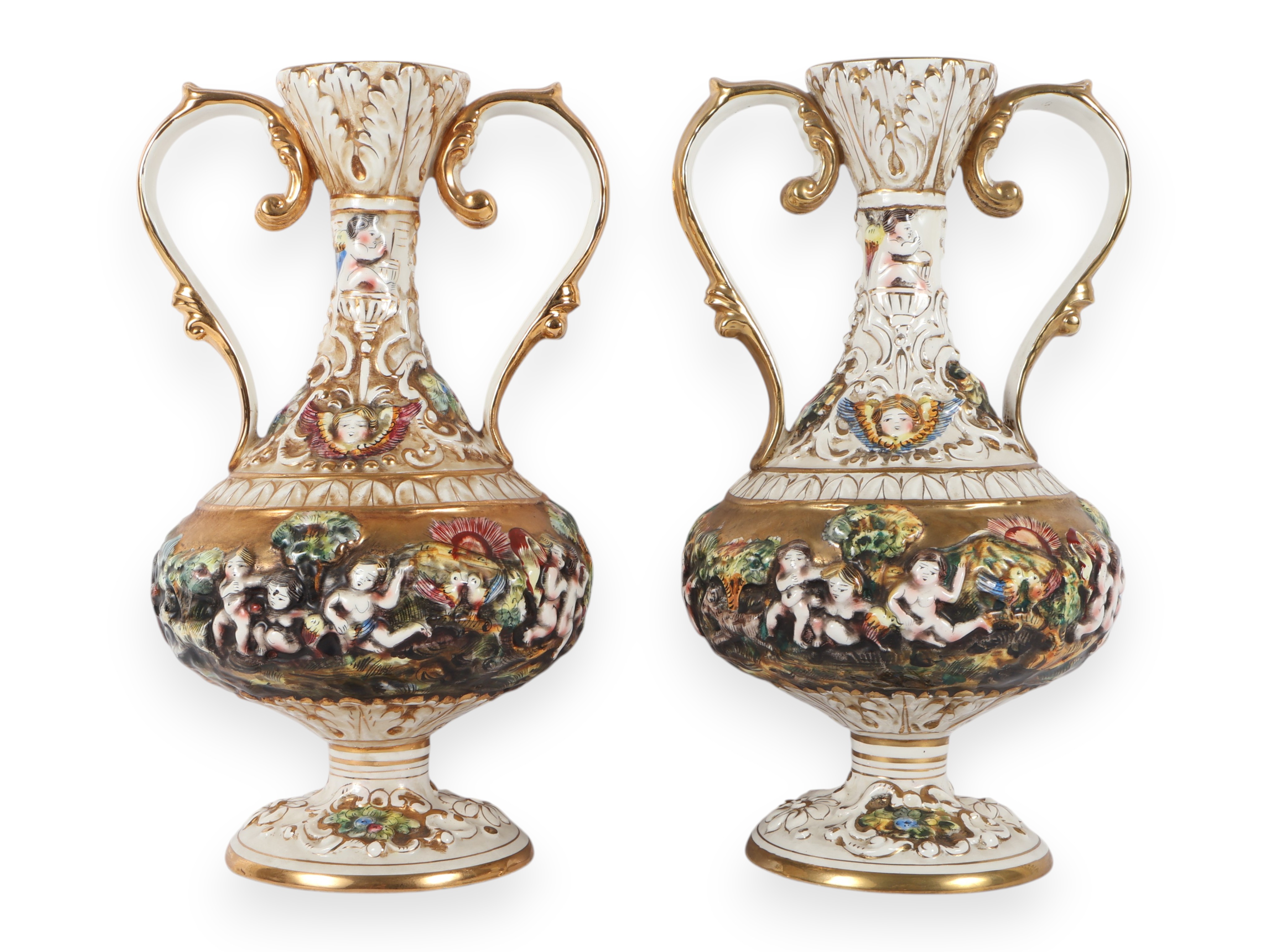 A Pair of Capodimonte Polychrome and Gilded Two-Handle Porcelain Vases