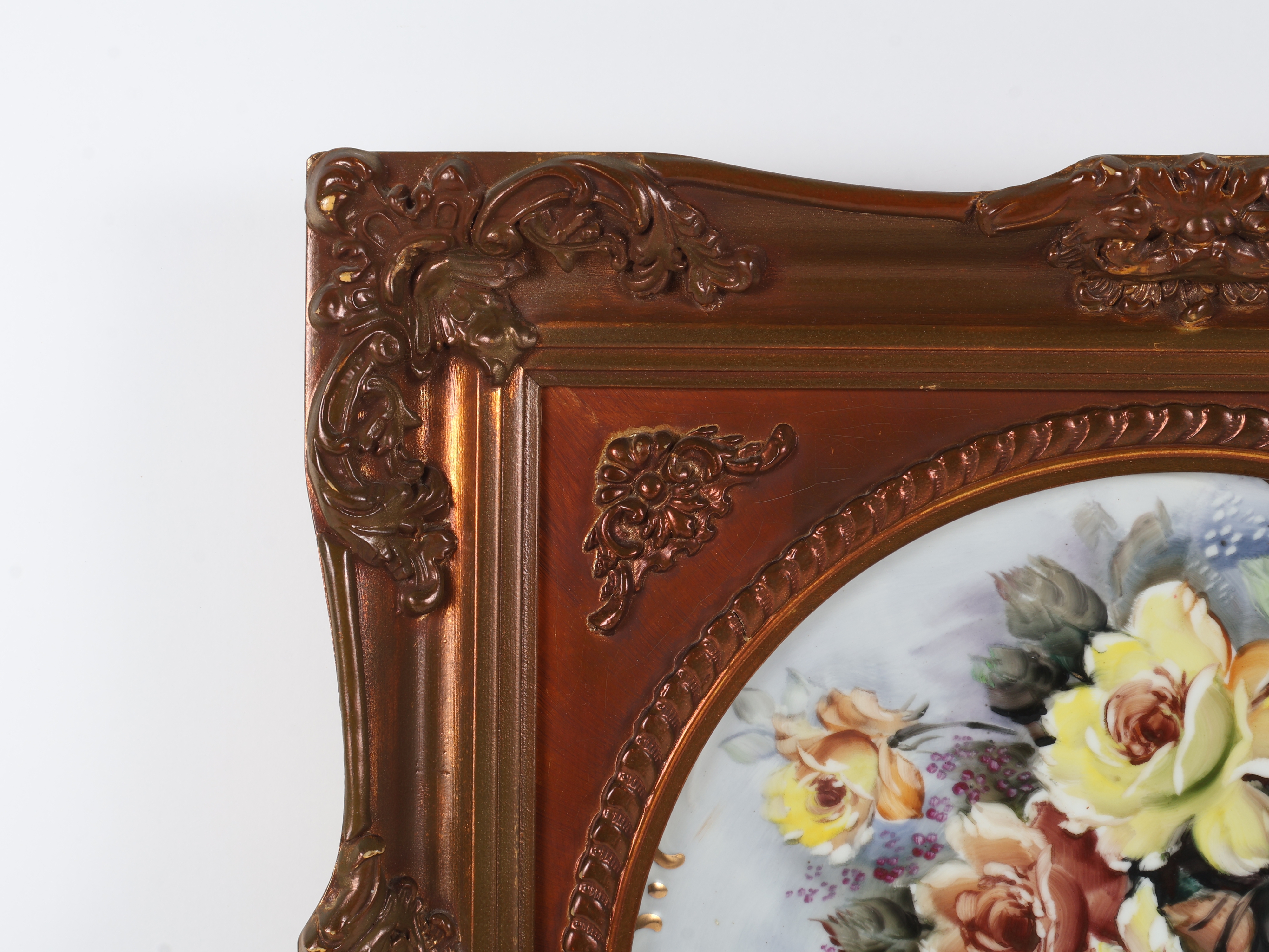 Hand Painted Porcelain Rose Still Life in Ornate Gilt Frame