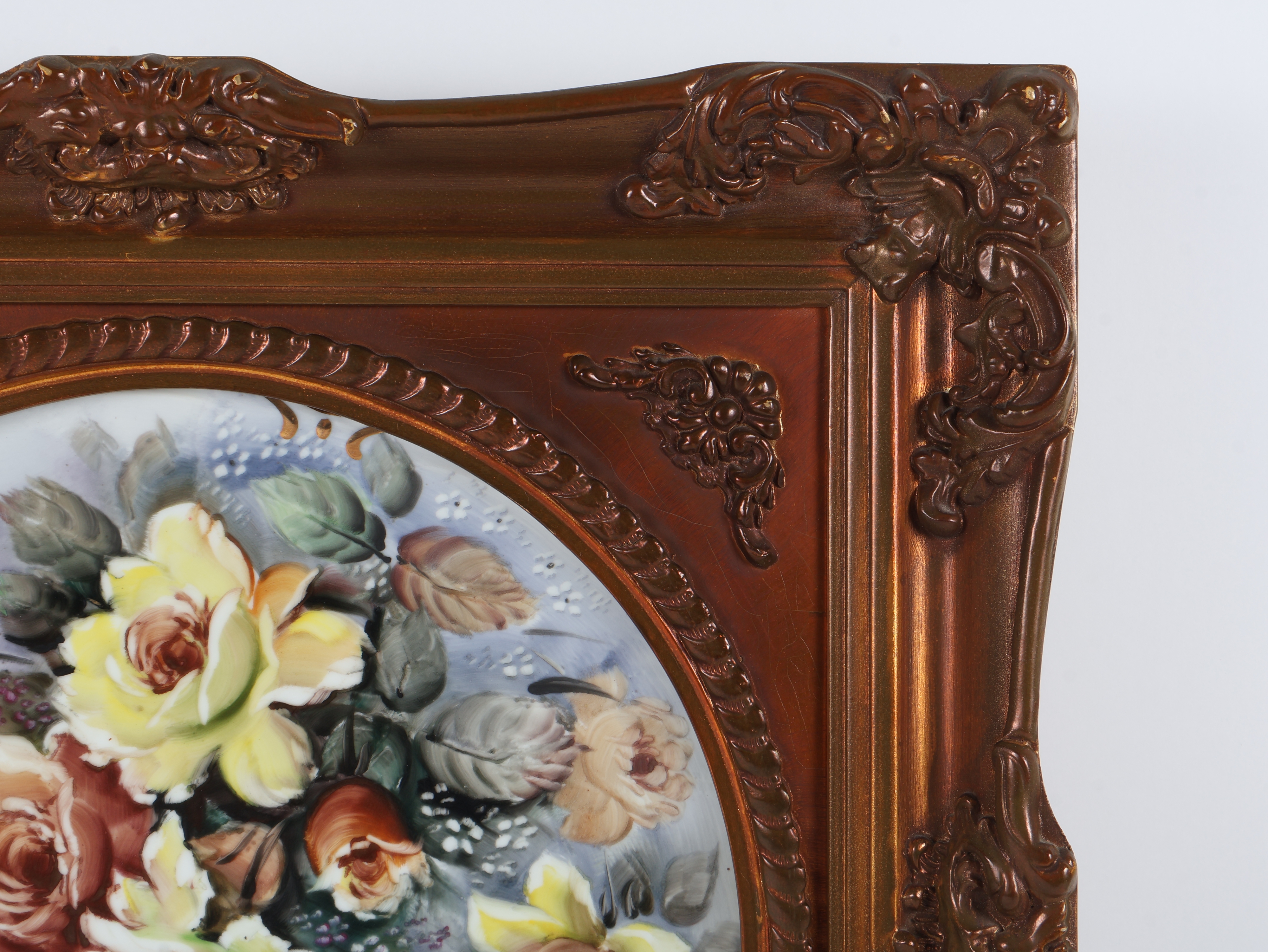 Hand Painted Porcelain Rose Still Life in Ornate Gilt Frame