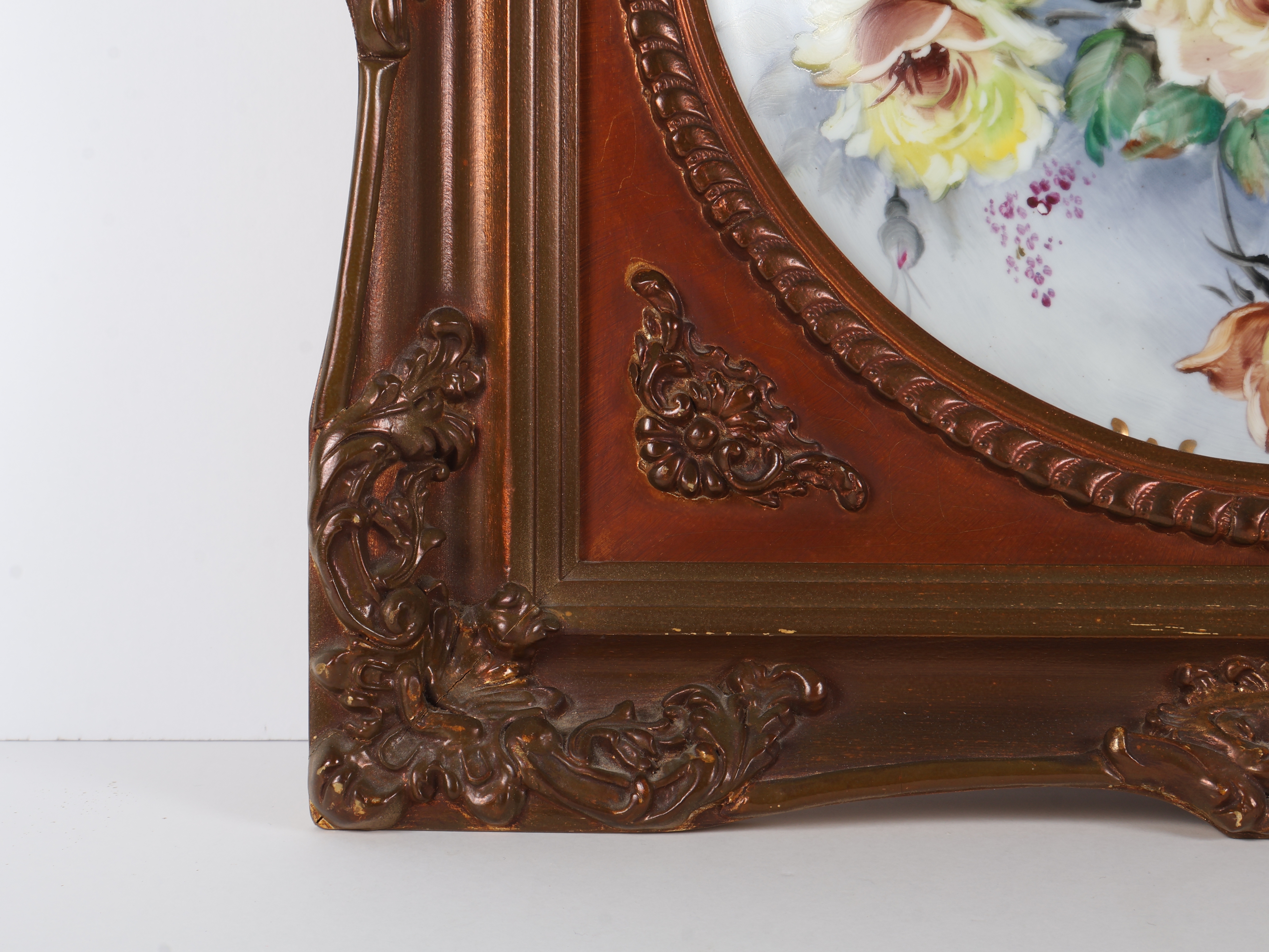 Hand Painted Porcelain Rose Still Life in Ornate Gilt Frame