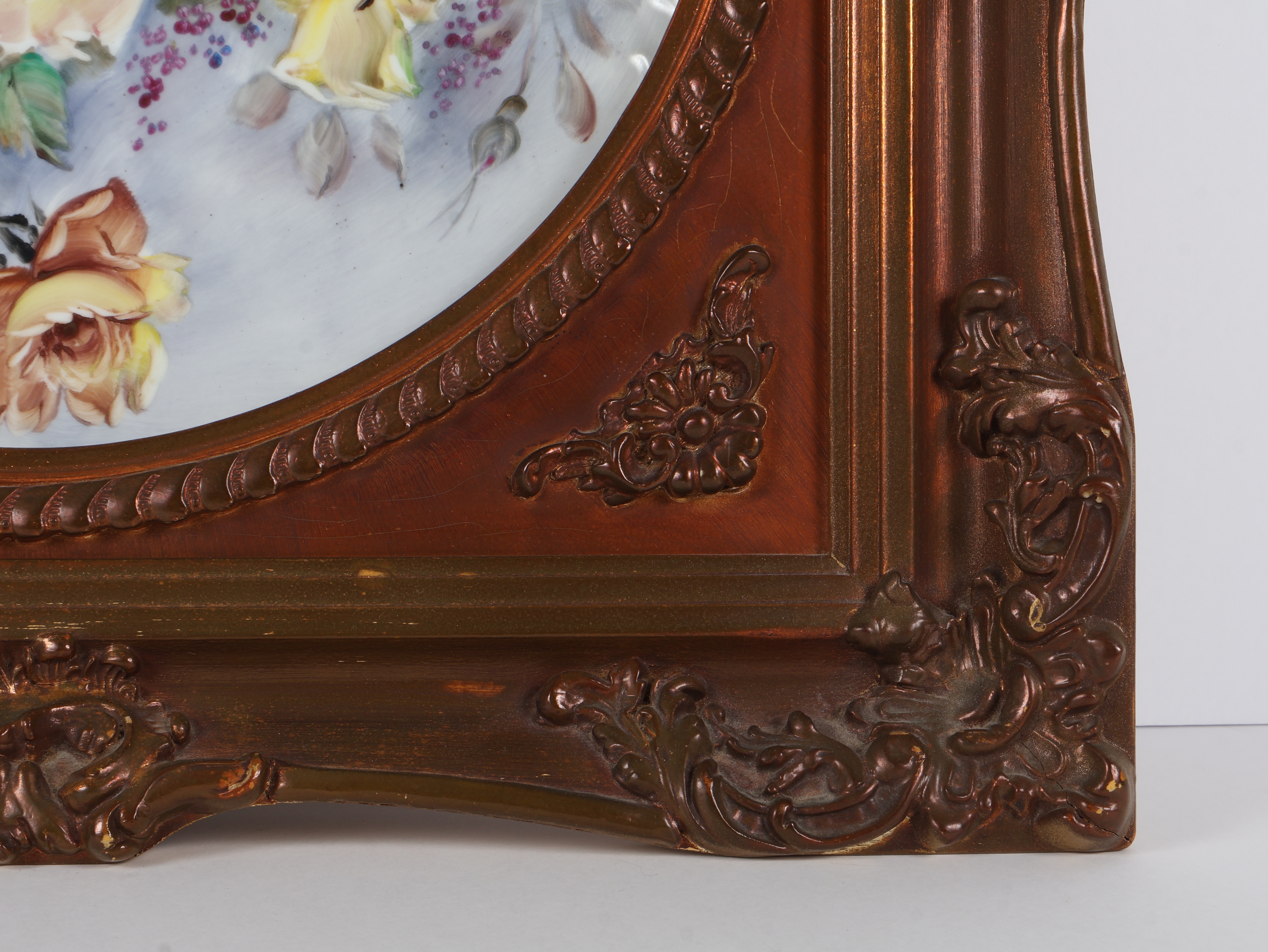 Hand Painted Porcelain Rose Still Life in Ornate Gilt Frame