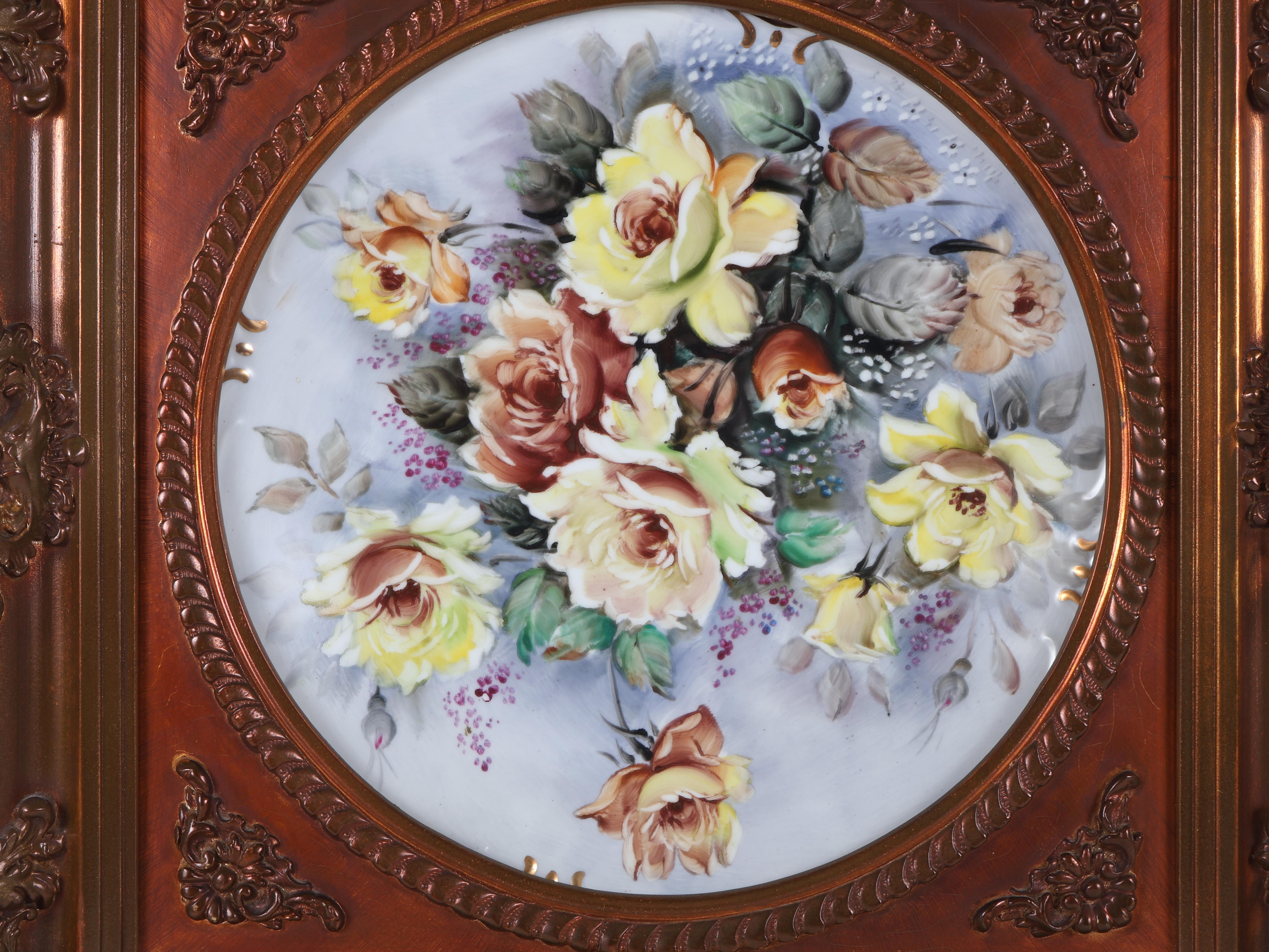 Hand Painted Porcelain Rose Still Life in Ornate Gilt Frame