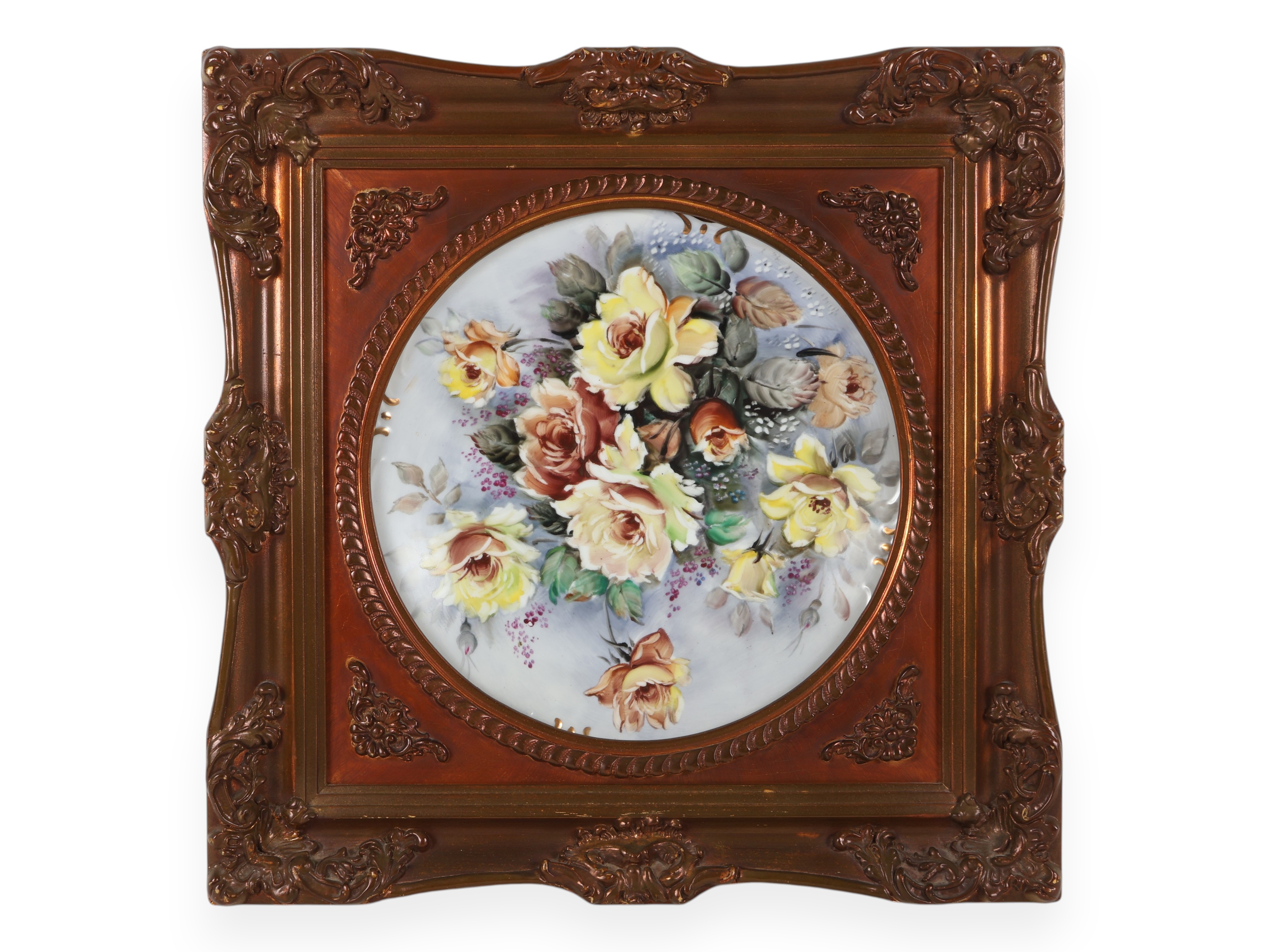 Hand Painted Porcelain Rose Still Life in Ornate Gilt Frame