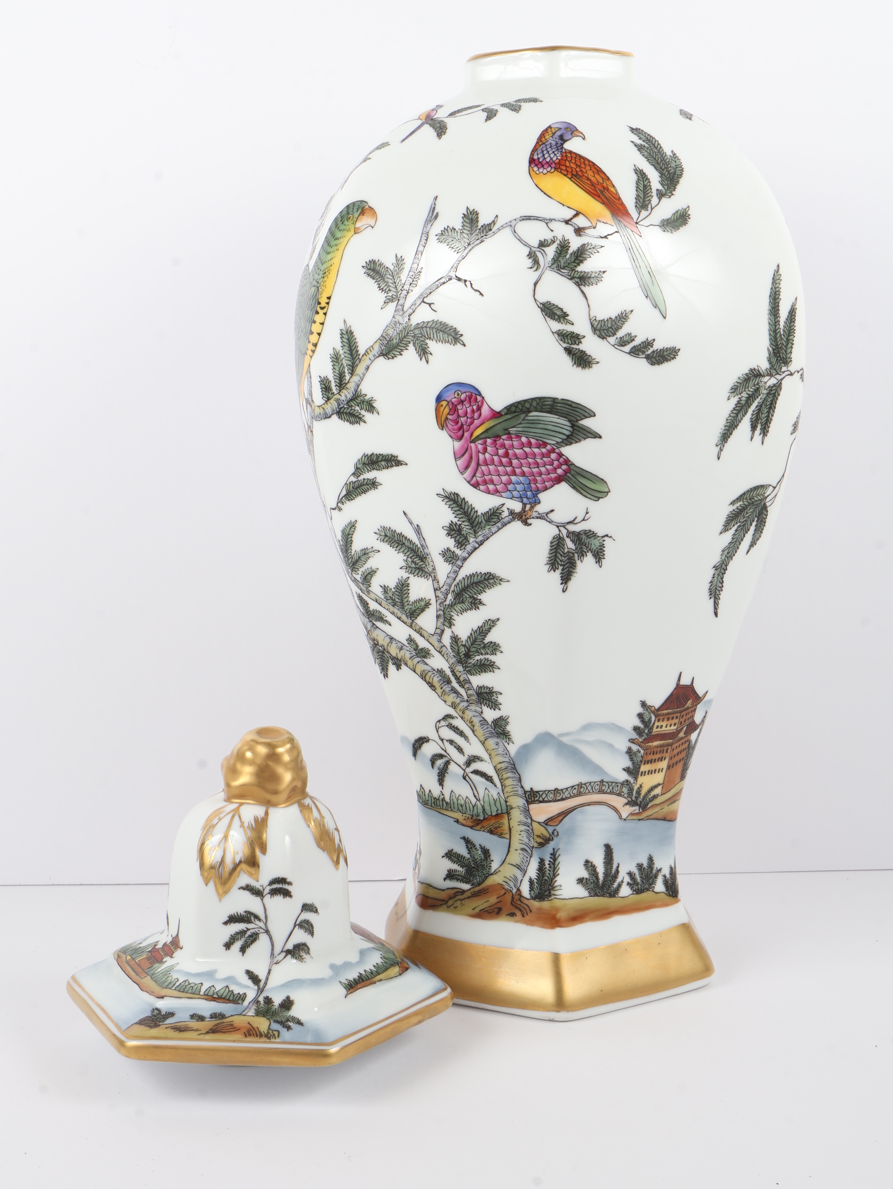 Chelsea House Chinoiserie Porcelain Hexagonal Baluster Jar and Lid