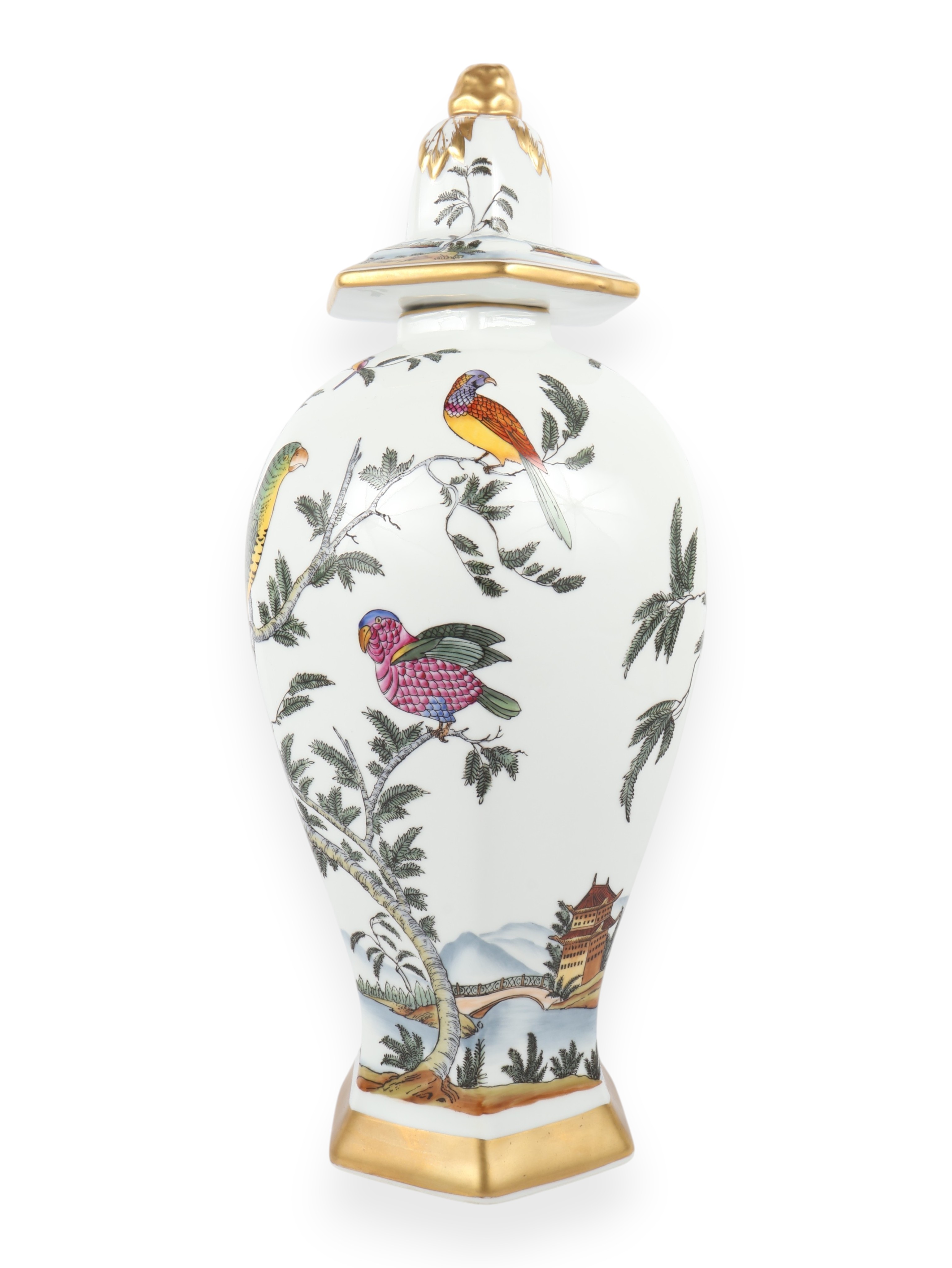Chelsea House Chinoiserie Porcelain Hexagonal Baluster Jar and Lid