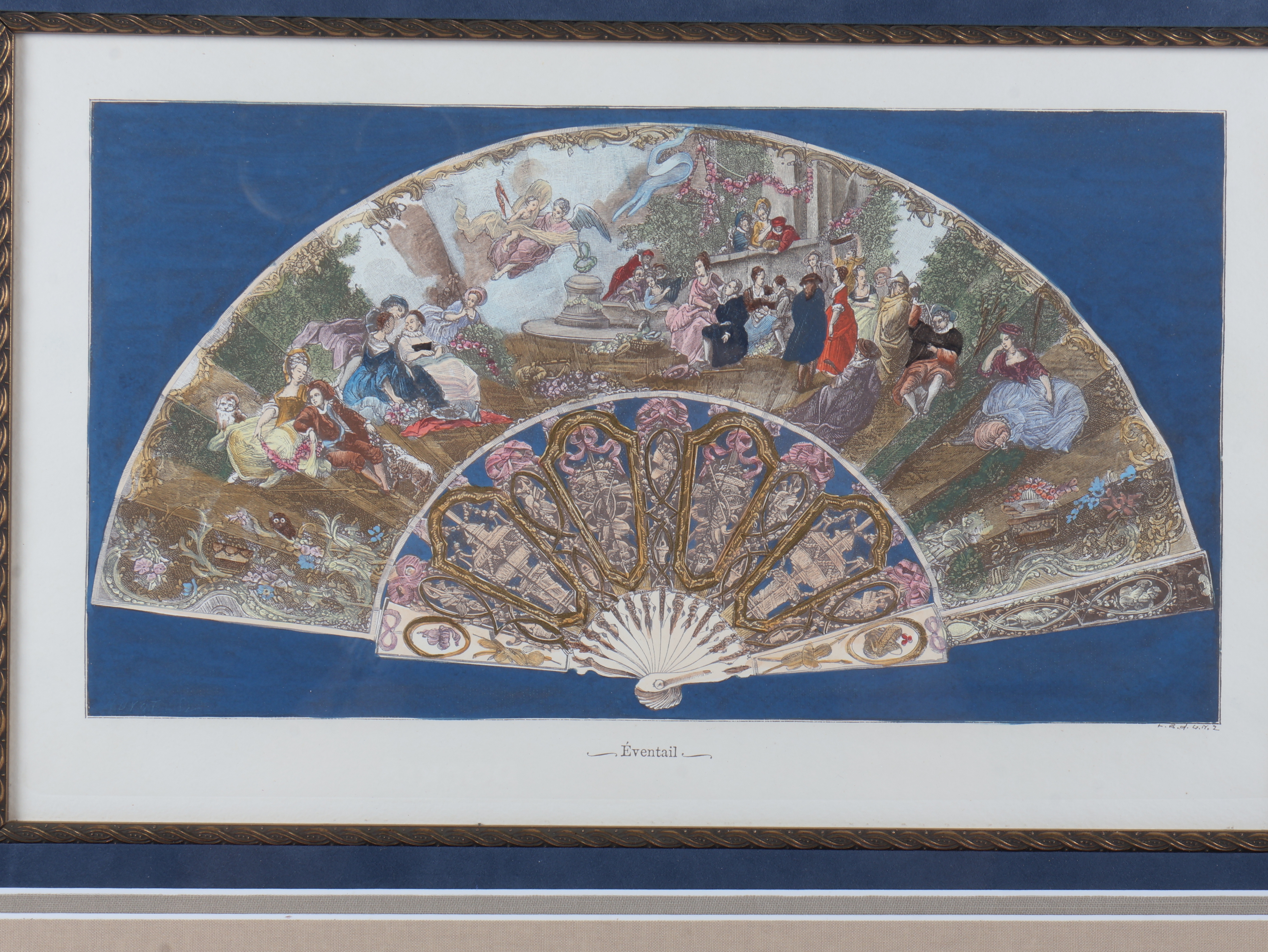Hand-Colored Print of an 18th-Century Style Fan Leaf, Éventail