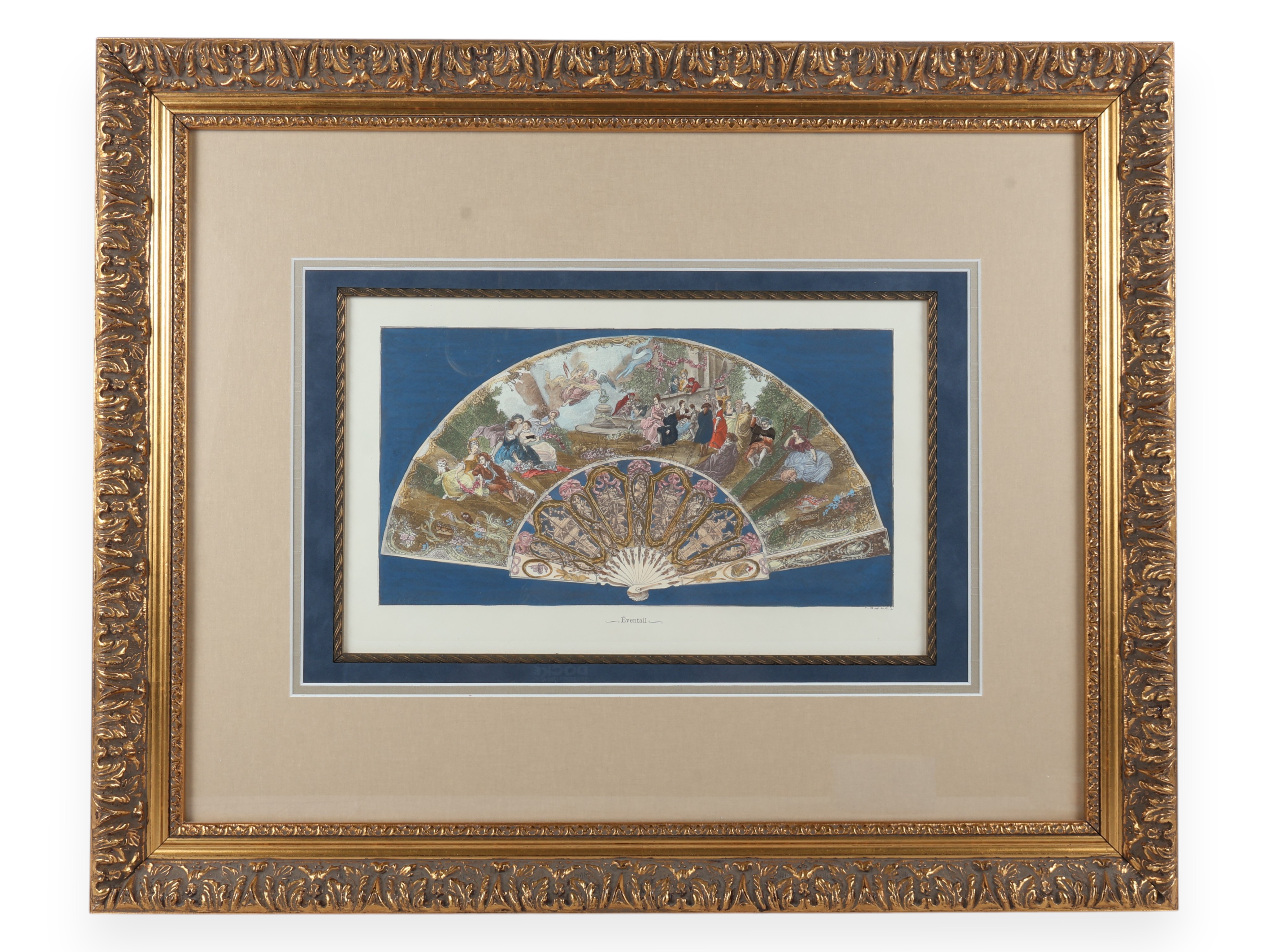 Hand-Colored Print of an 18th-Century Style Fan Leaf, Éventail