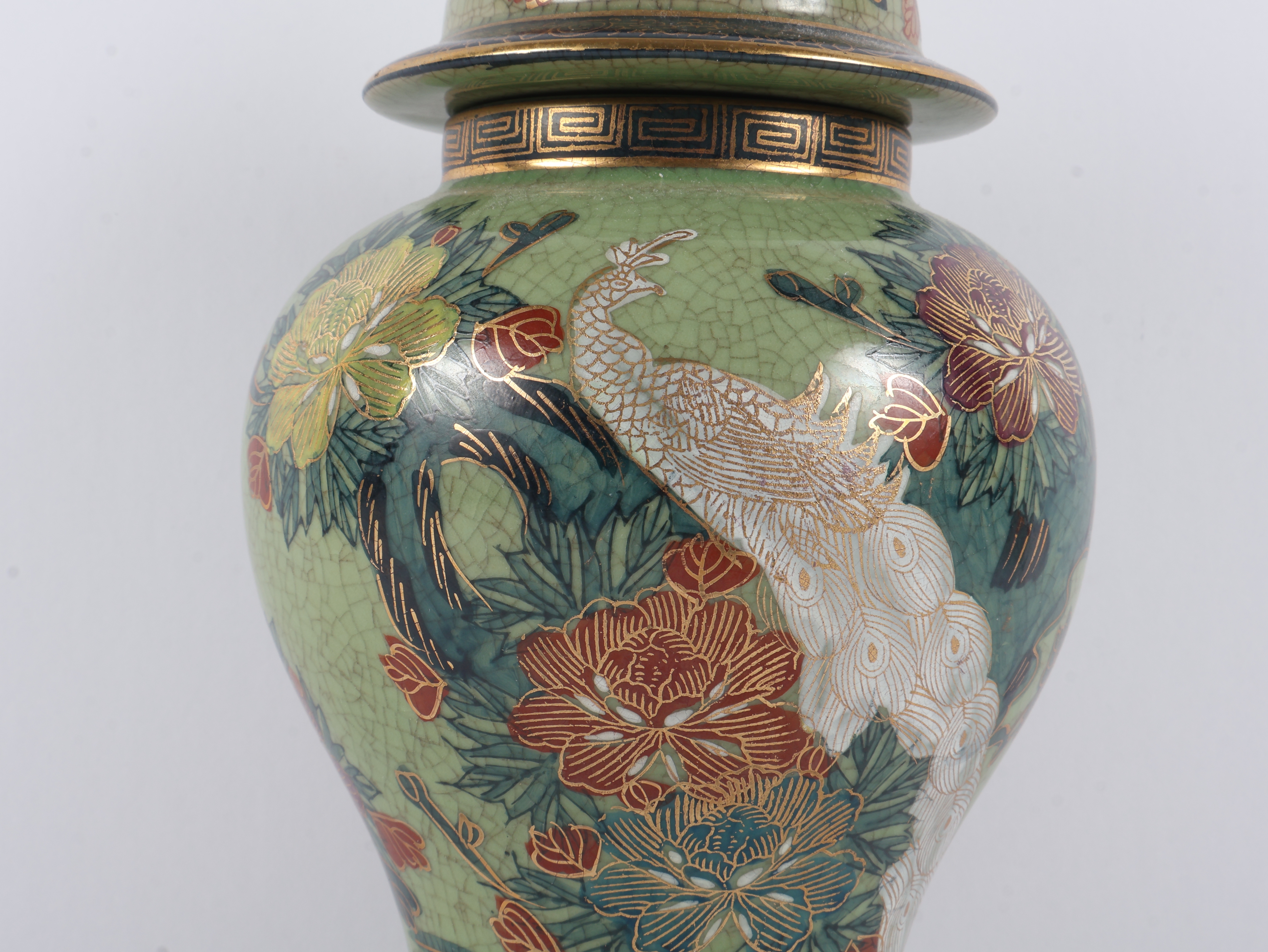 Japanese Satsuma Style Lidded Temple Jar with Peacock Decoration by Gyozan
