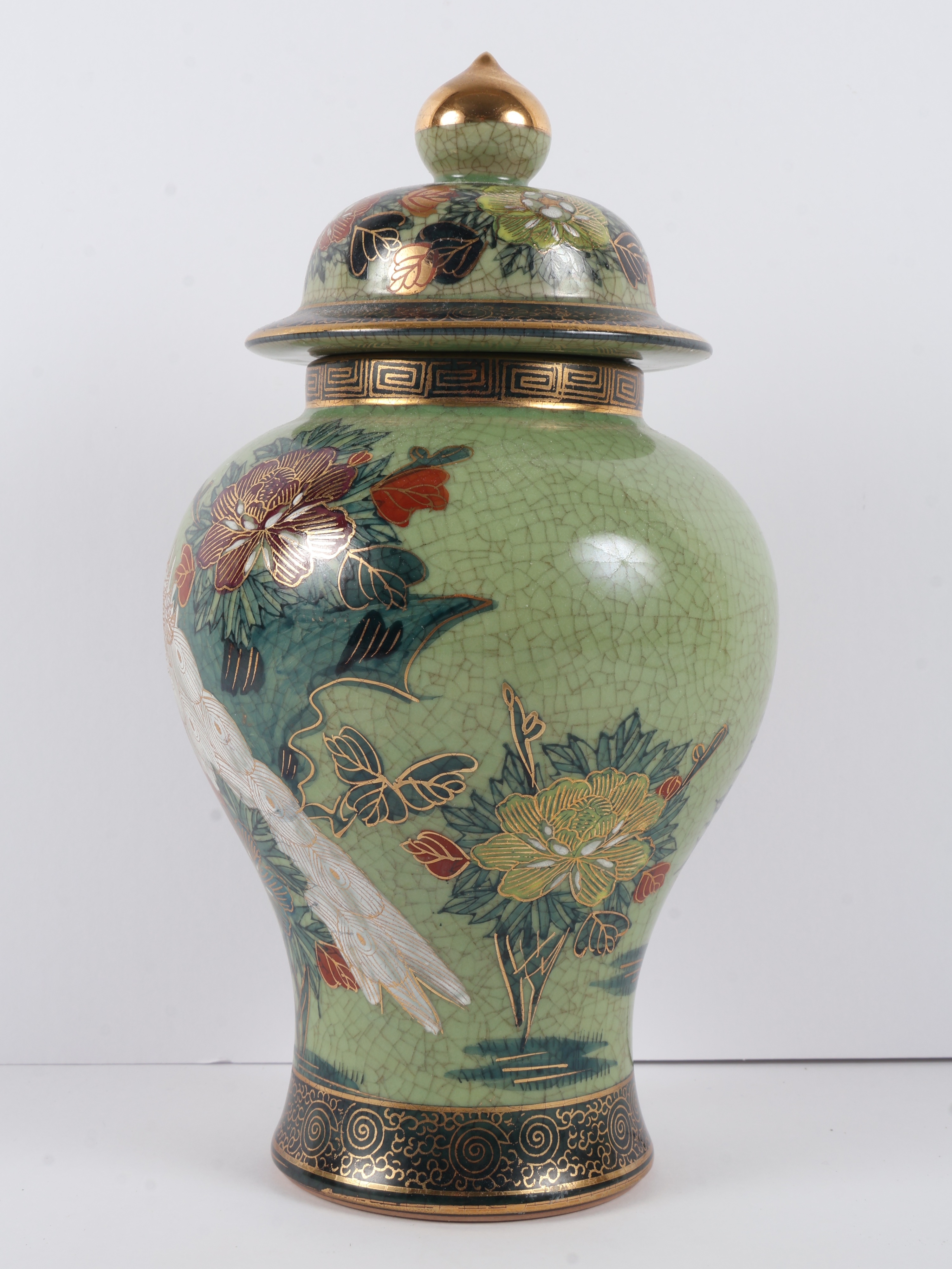 Japanese Satsuma Style Lidded Temple Jar with Peacock Decoration by Gyozan