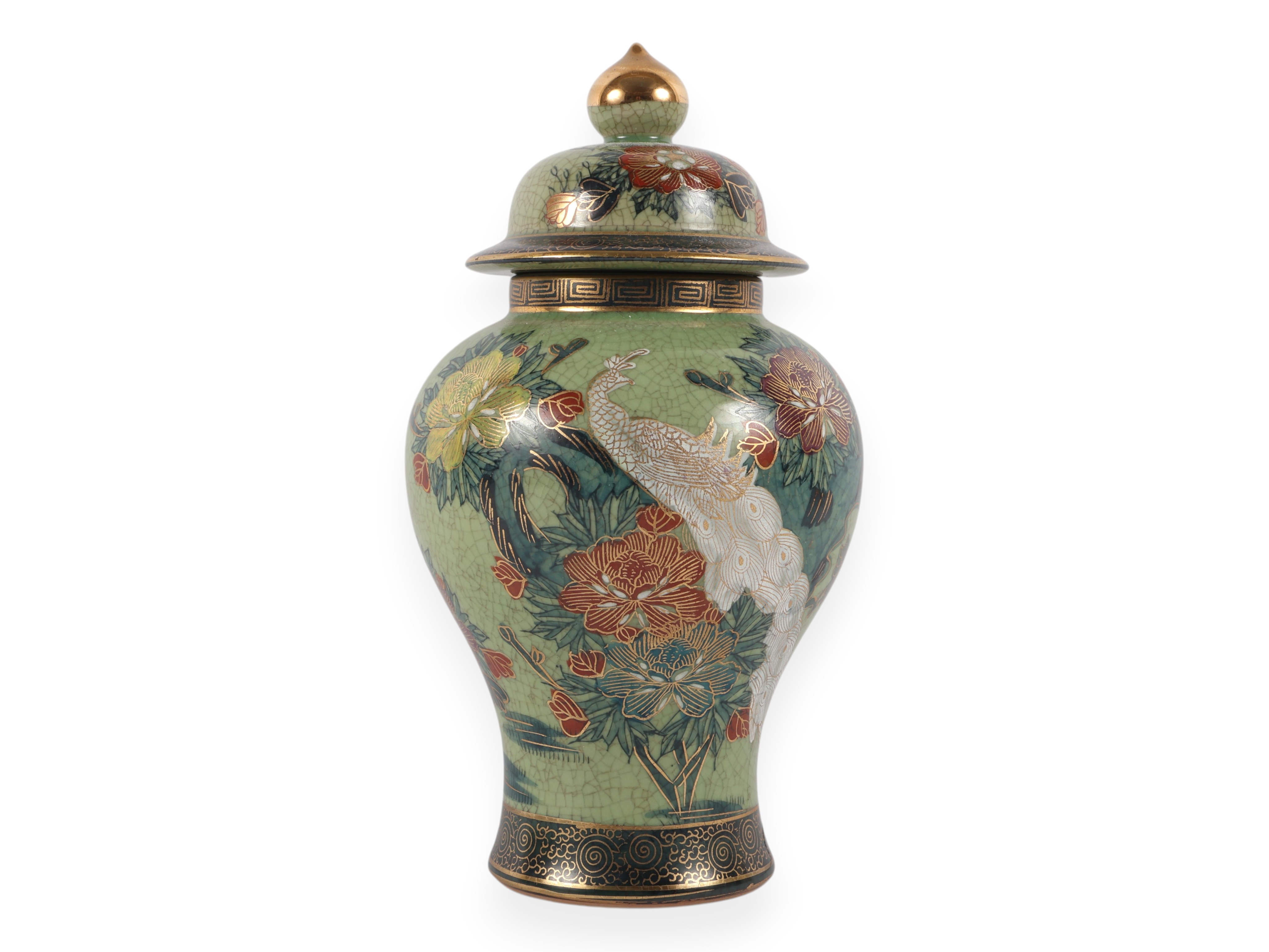 Japanese Satsuma Style Lidded Temple Jar with Peacock Decoration by Gyozan