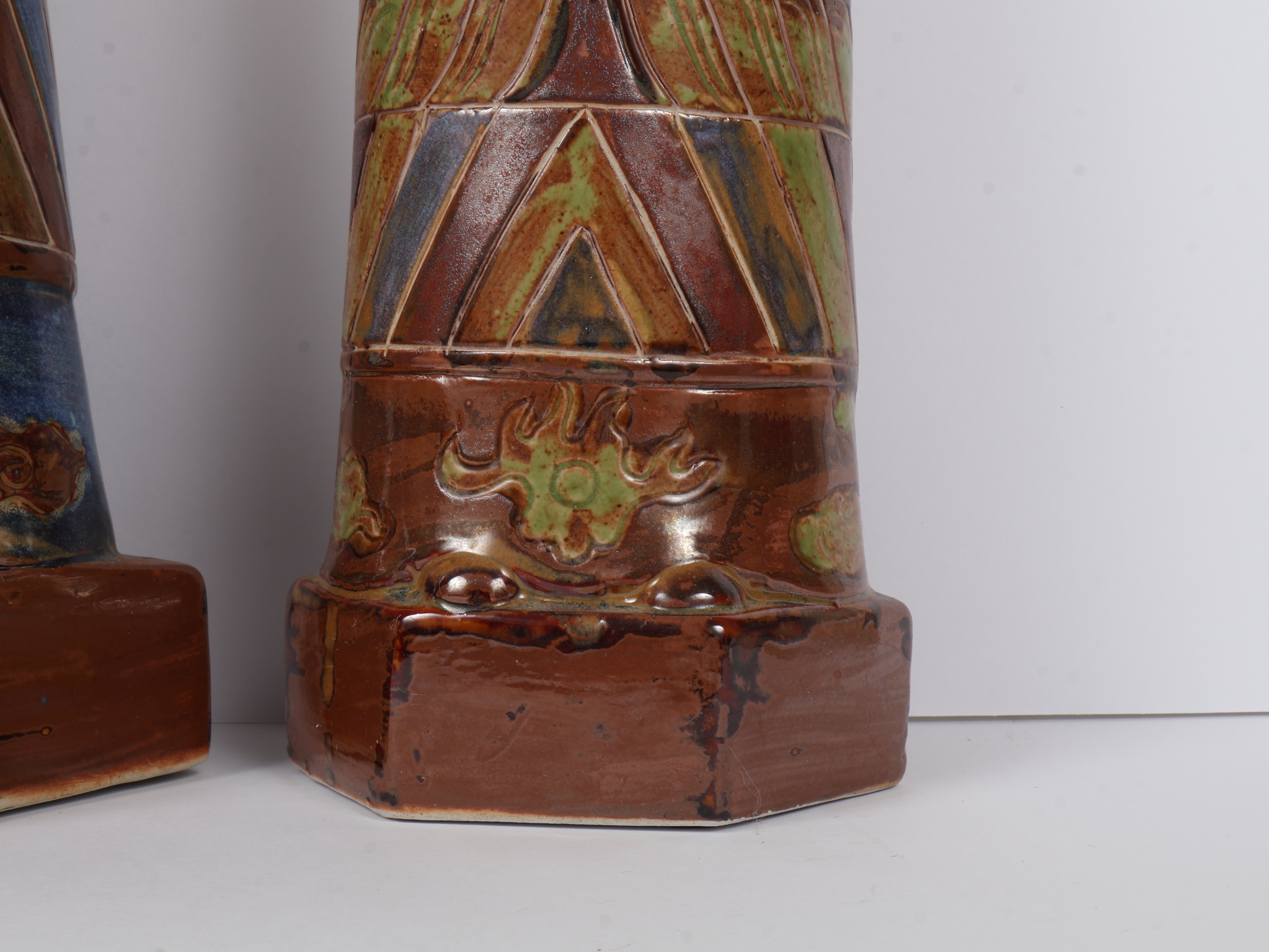 A Pair of Large Stylized Glazed Ceramic Chinese Official Figurines