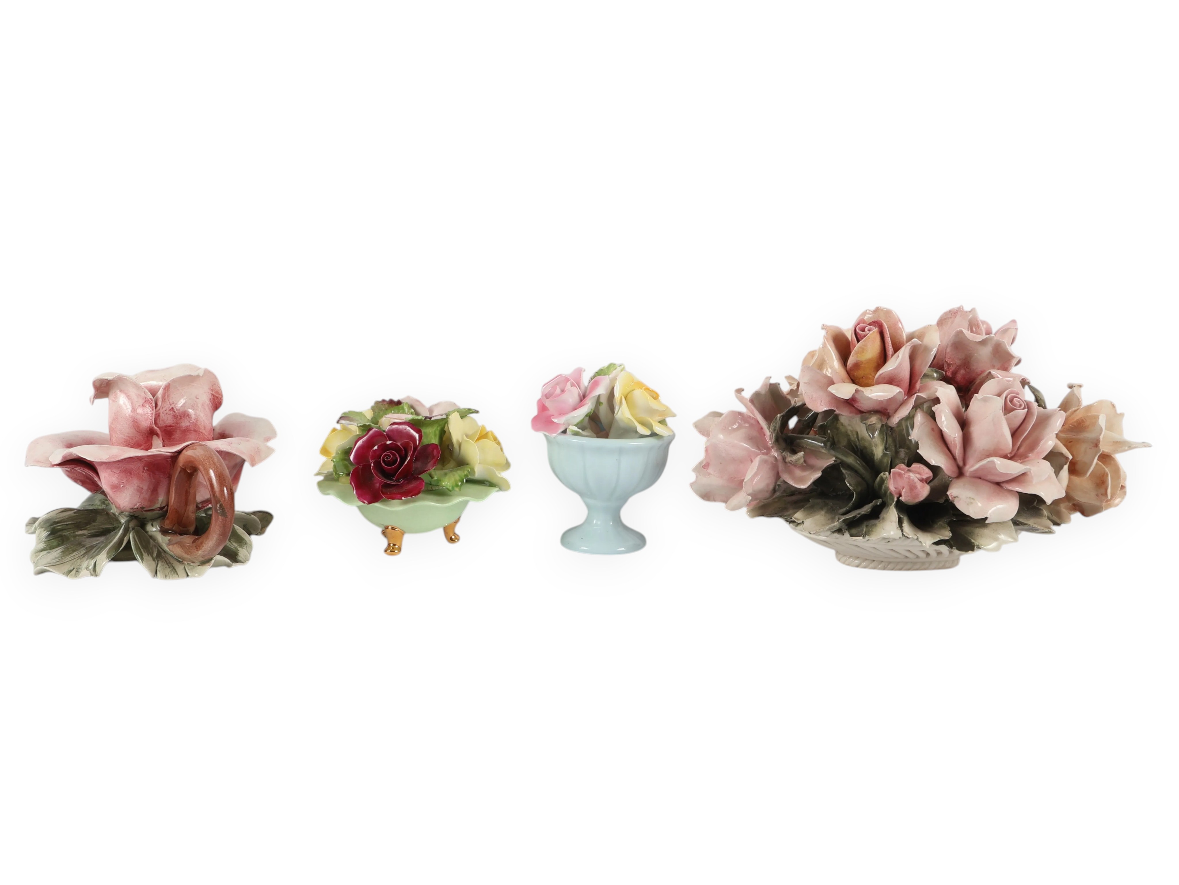 A Collection of Four English and Italian Ceramic Floral Ornaments including Denton, Thorley, and Nora Fashion