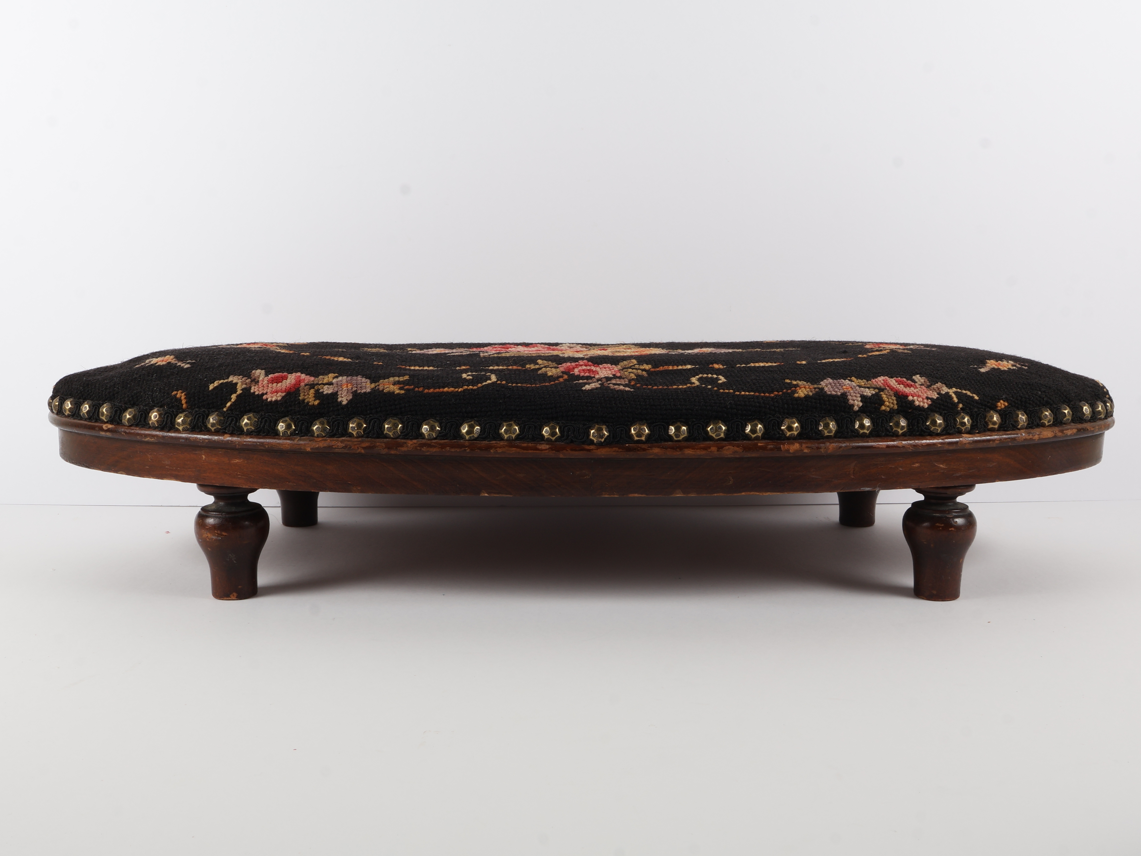 Large Oval Needlepoint Footstool with Floral Motif