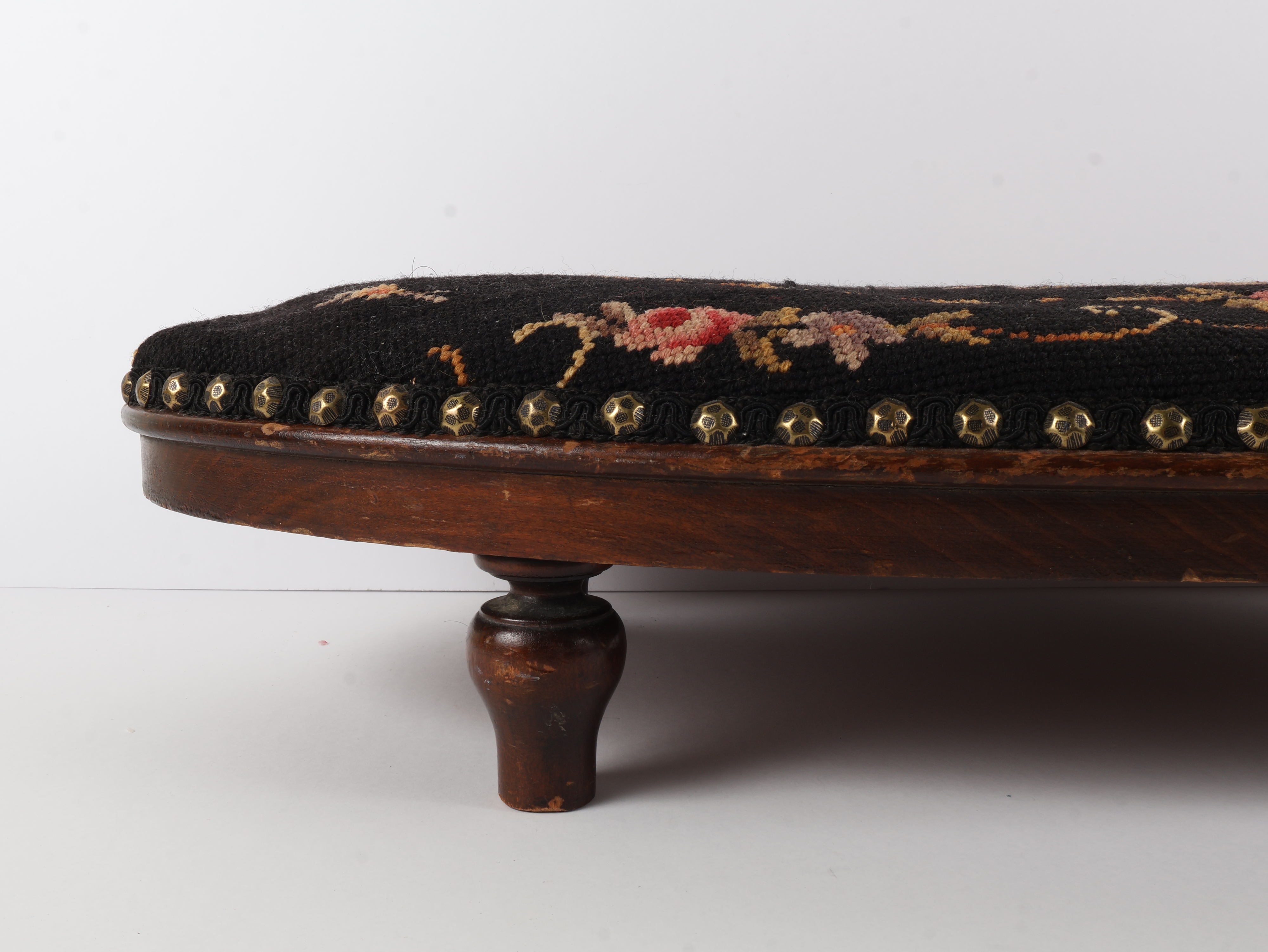 Large Oval Needlepoint Footstool with Floral Motif