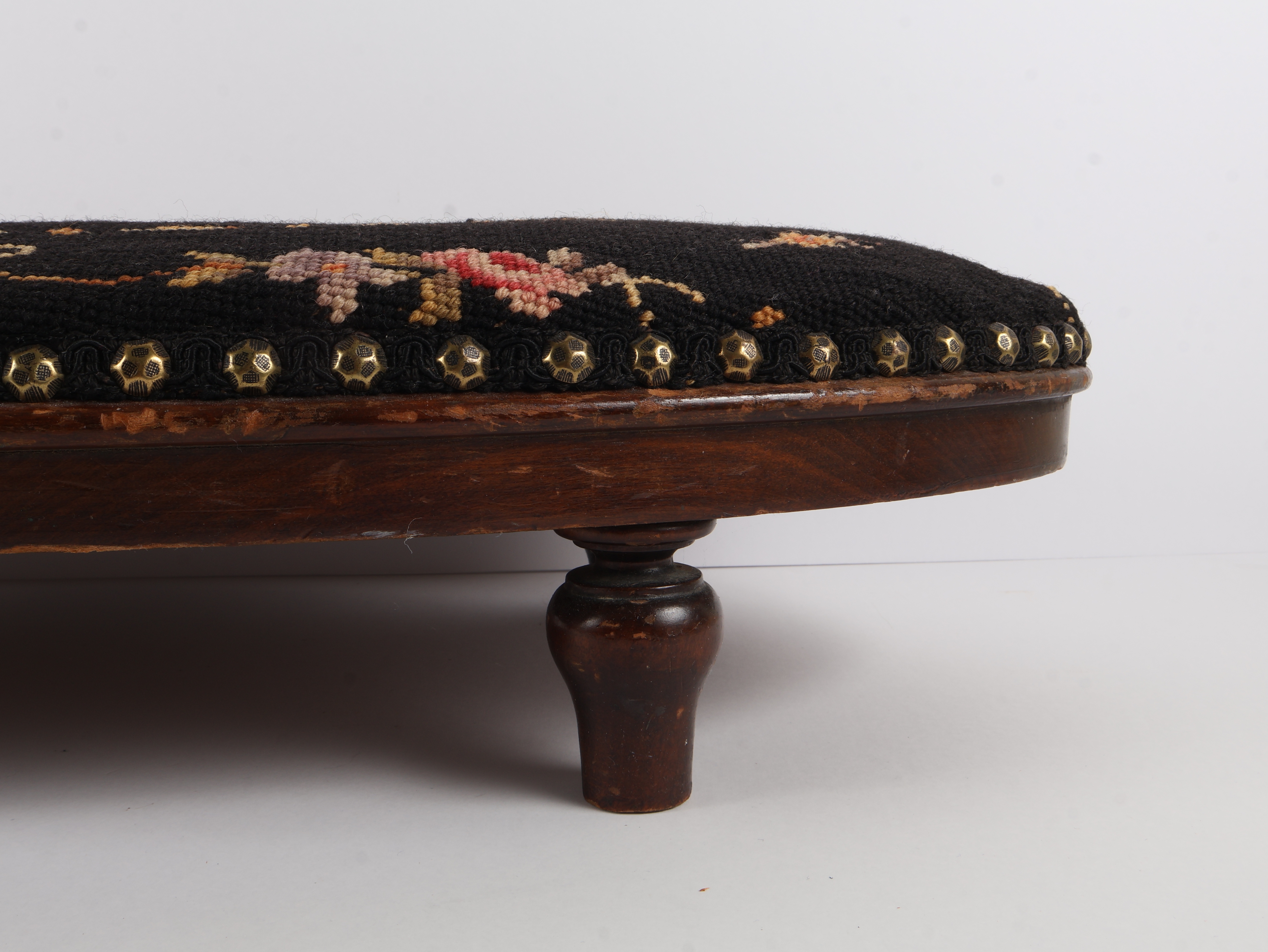 Large Oval Needlepoint Footstool with Floral Motif