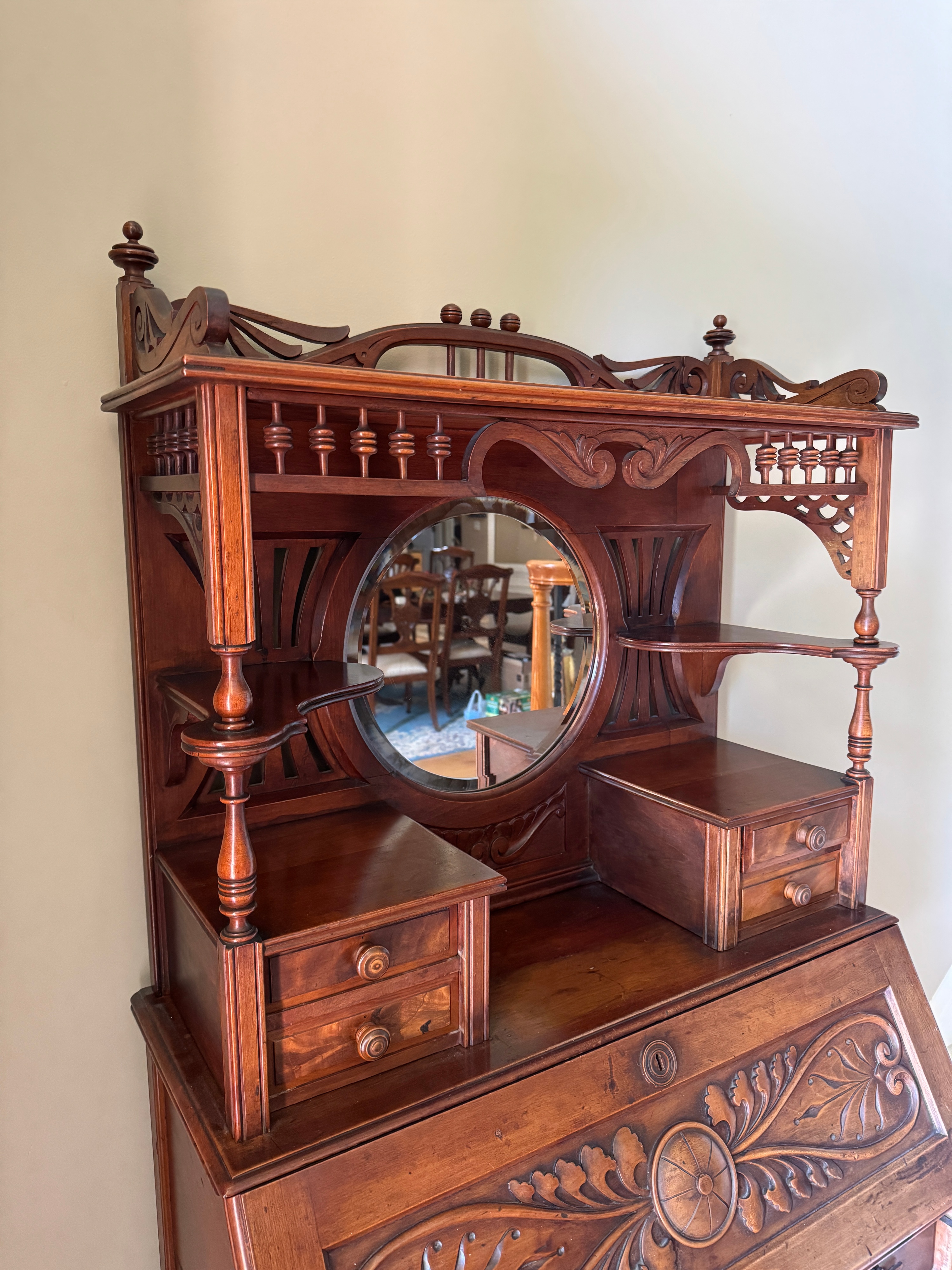 Late Victorian Carved Walnut Fall-Front Secretary Desk