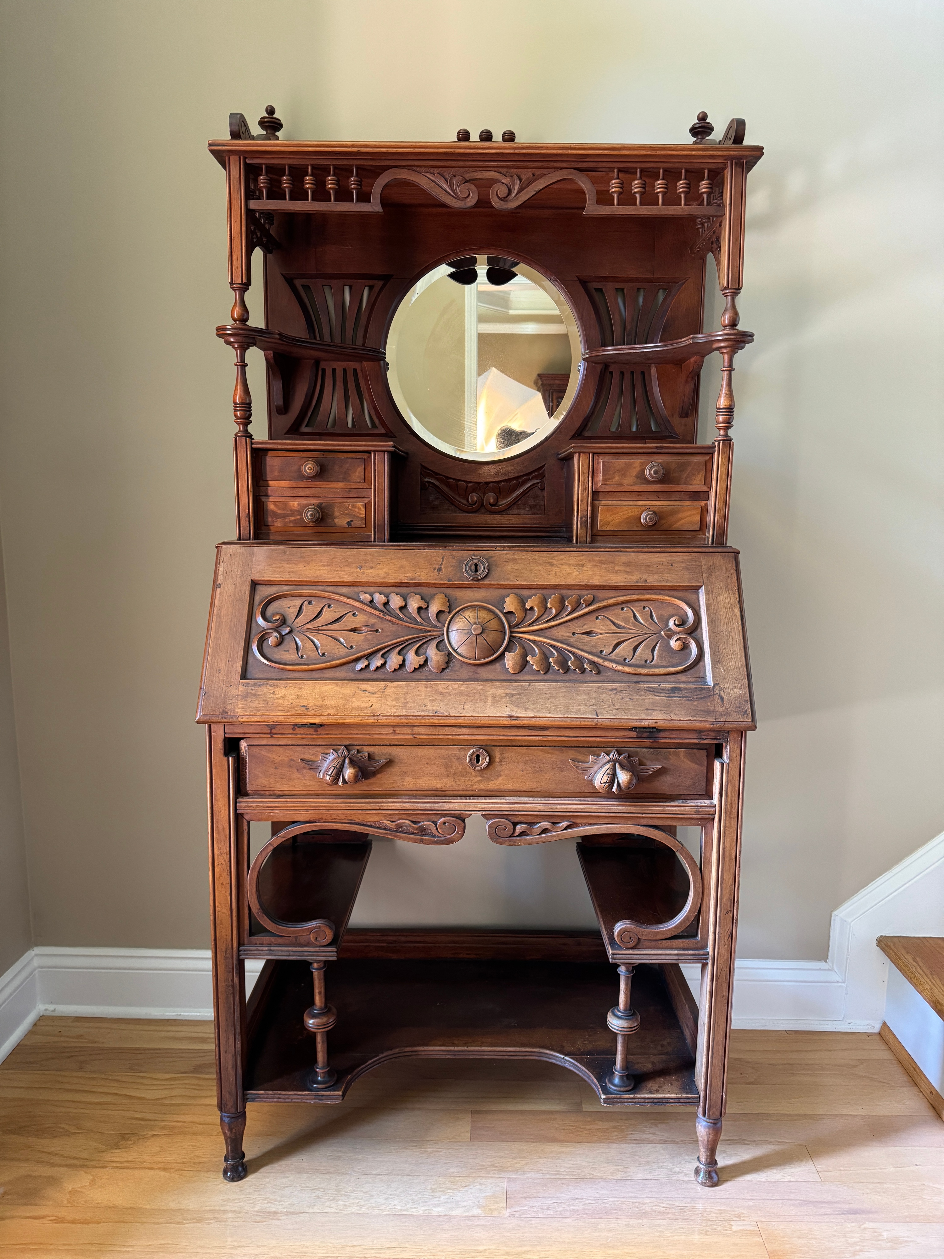 Late Victorian Carved Walnut Fall-Front Secretary Desk