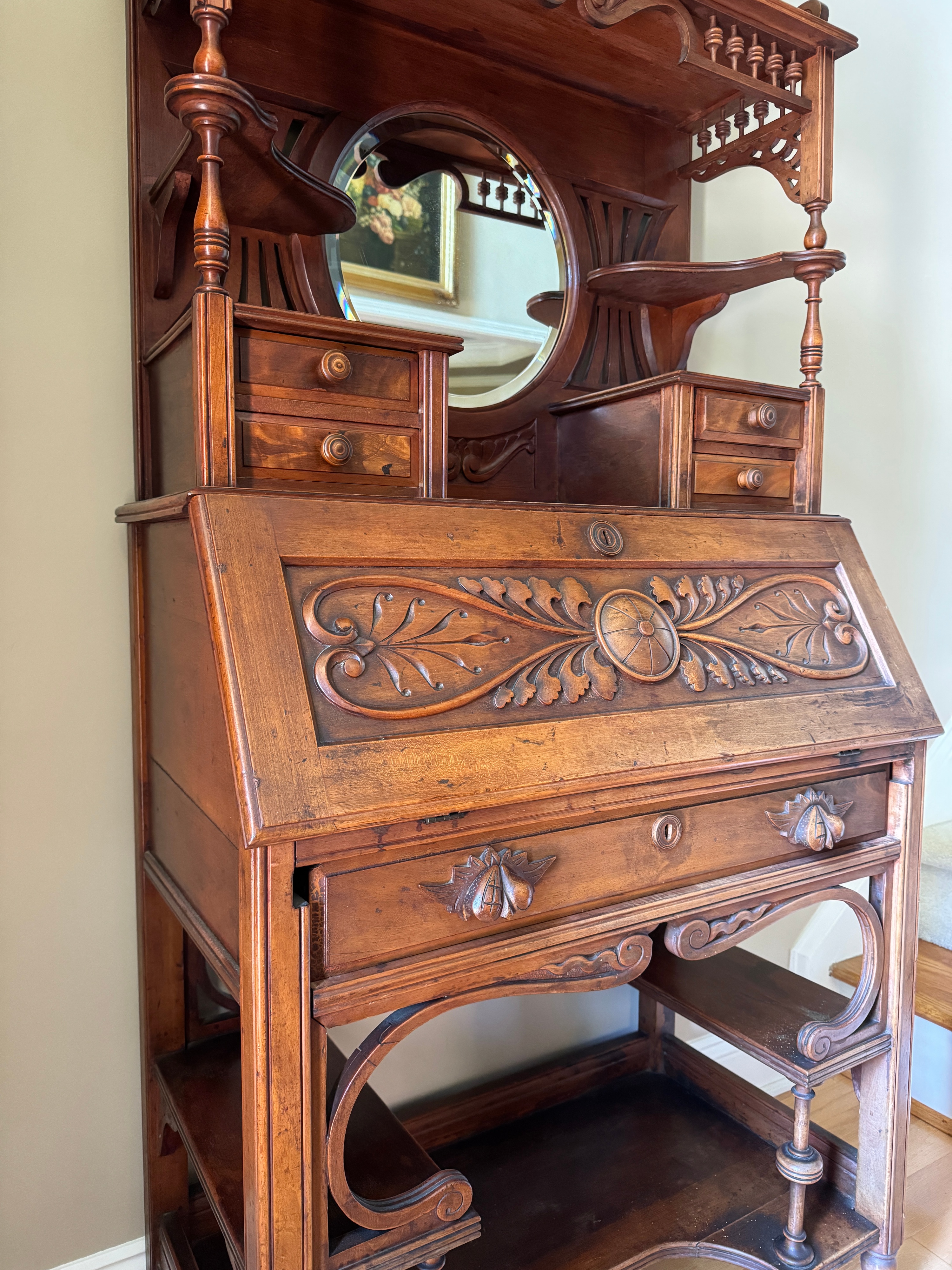 Late Victorian Carved Walnut Fall-Front Secretary Desk