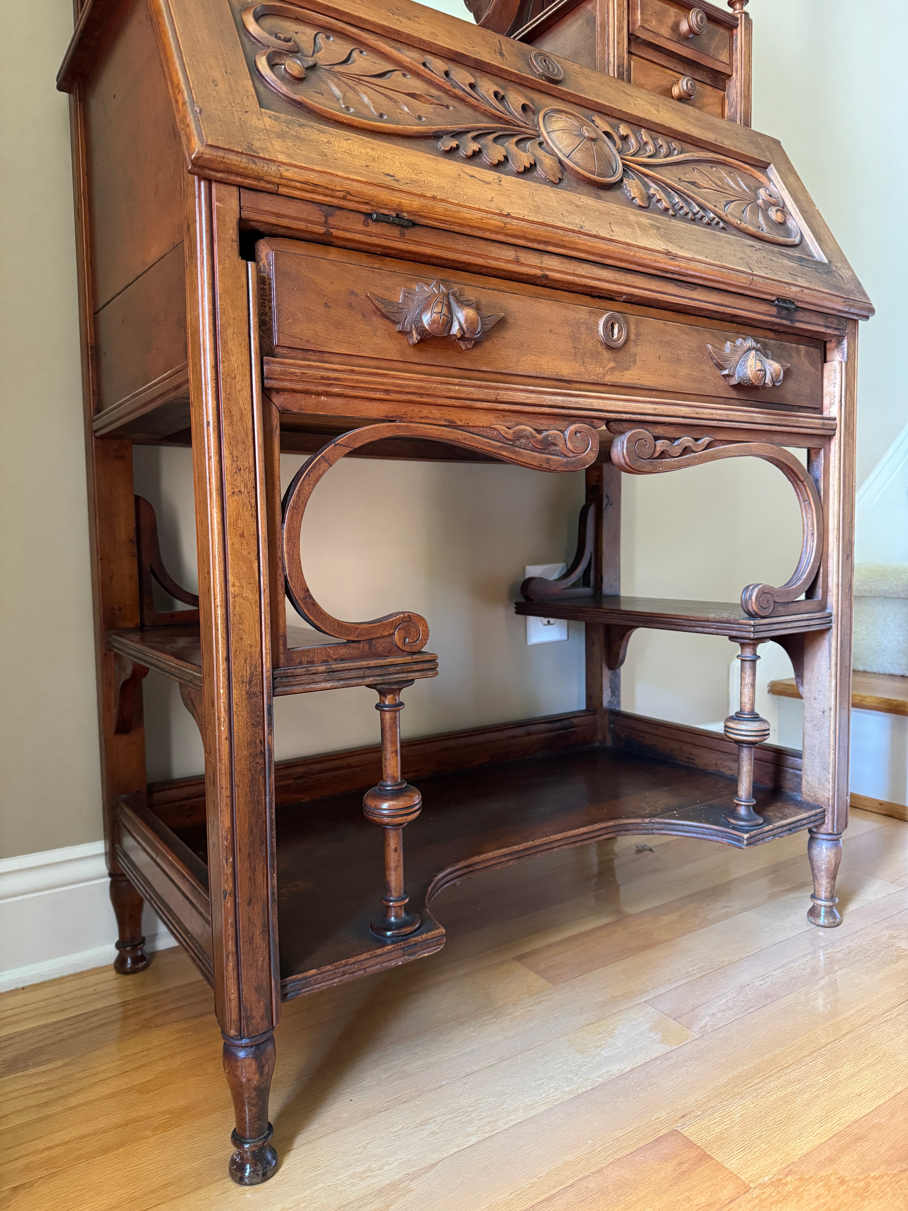 Late Victorian Carved Walnut Fall-Front Secretary Desk
